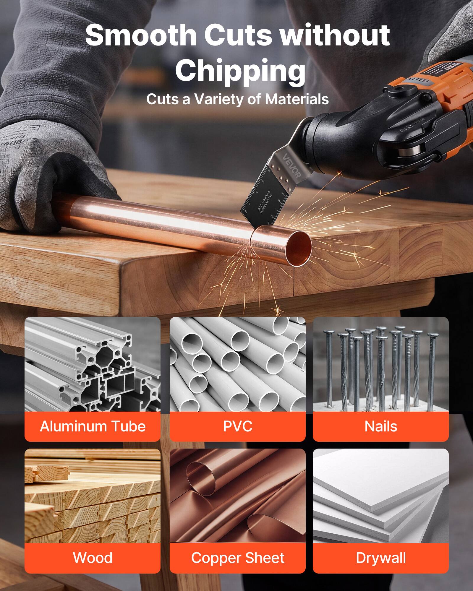 Smooth Cuts without Chipping  
Cuts a Variety of Materials  

Aluminum Tube  
PVC  
Nails  
Wood  
Copper Sheet  
Drywall