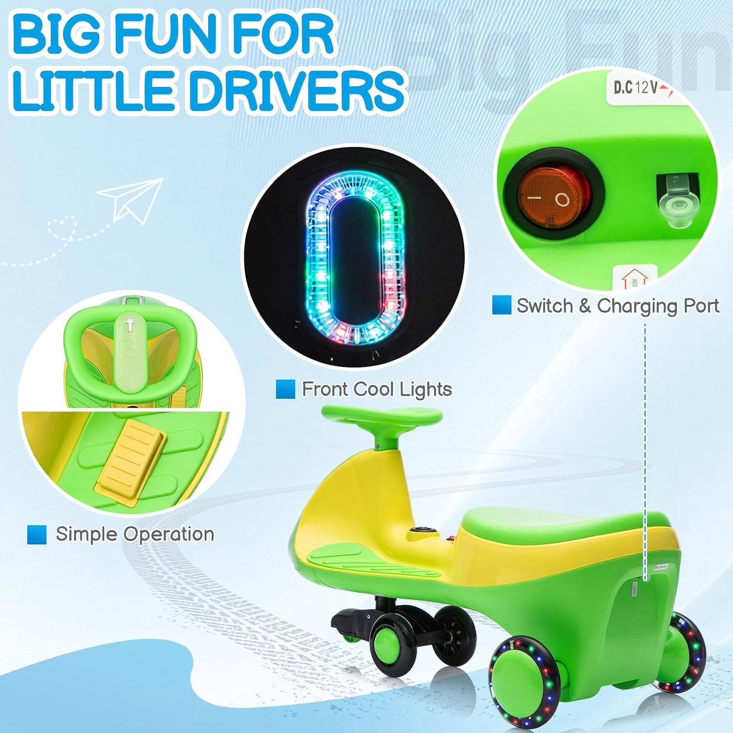 BIG FUN FOR LITTLE DRIVERS

- D.C12V
- Switch & Charging Port
- Front Cool Lights
- Simple Operation
