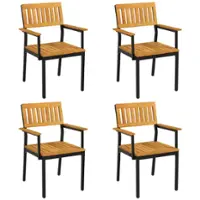 Costway Dining Chair Set of 4 with Acacia Wood Backrest Slanted Seat Comfortable Armrests - Natural + Black - Front_Zoom