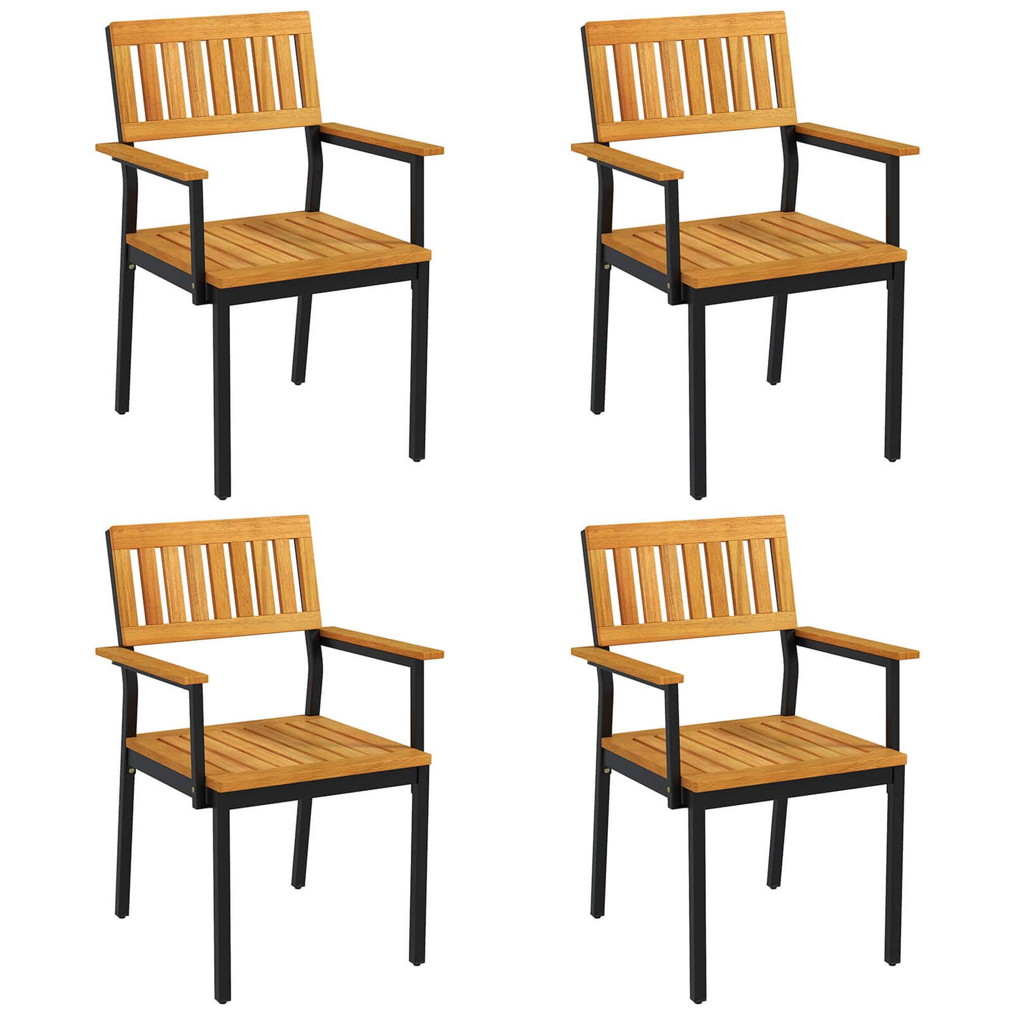 Front. Costway - Dining Chair Set of 4 with Acacia Wood Backrest Slanted Seat Comfortable Armrests - Natural + Black.