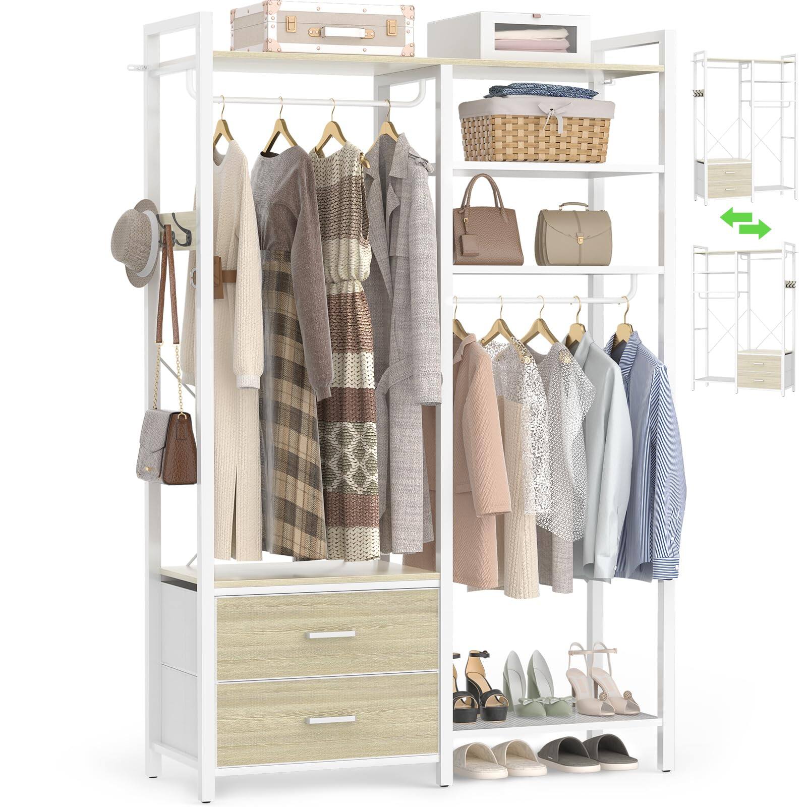 Angle. Aheaplus - 6-Tier Heavy-Duty Clothes Rack / Reversible Shelves & 2 Drawers - Space-Saving Freestanding Closet Organizer - White Oak.