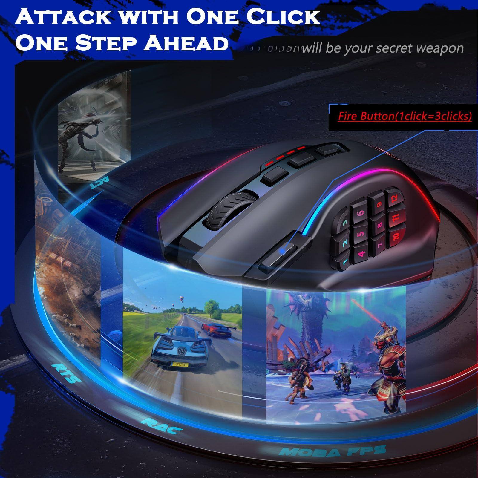 Sure, here is the corrected and grouped text from the image:

---

**ATTACK WITH ONE CLICK**  
**ONE STEP AHEAD**  
**CLICK**  
**lliwnorta** will be your secret weapon  

**Fire Button (1click=3clicks)**  

**ACT 3 2 6 5 9 8 L 2 F or F**  

**RTS**  
**RAC**  
**MOBA FPS**  

---