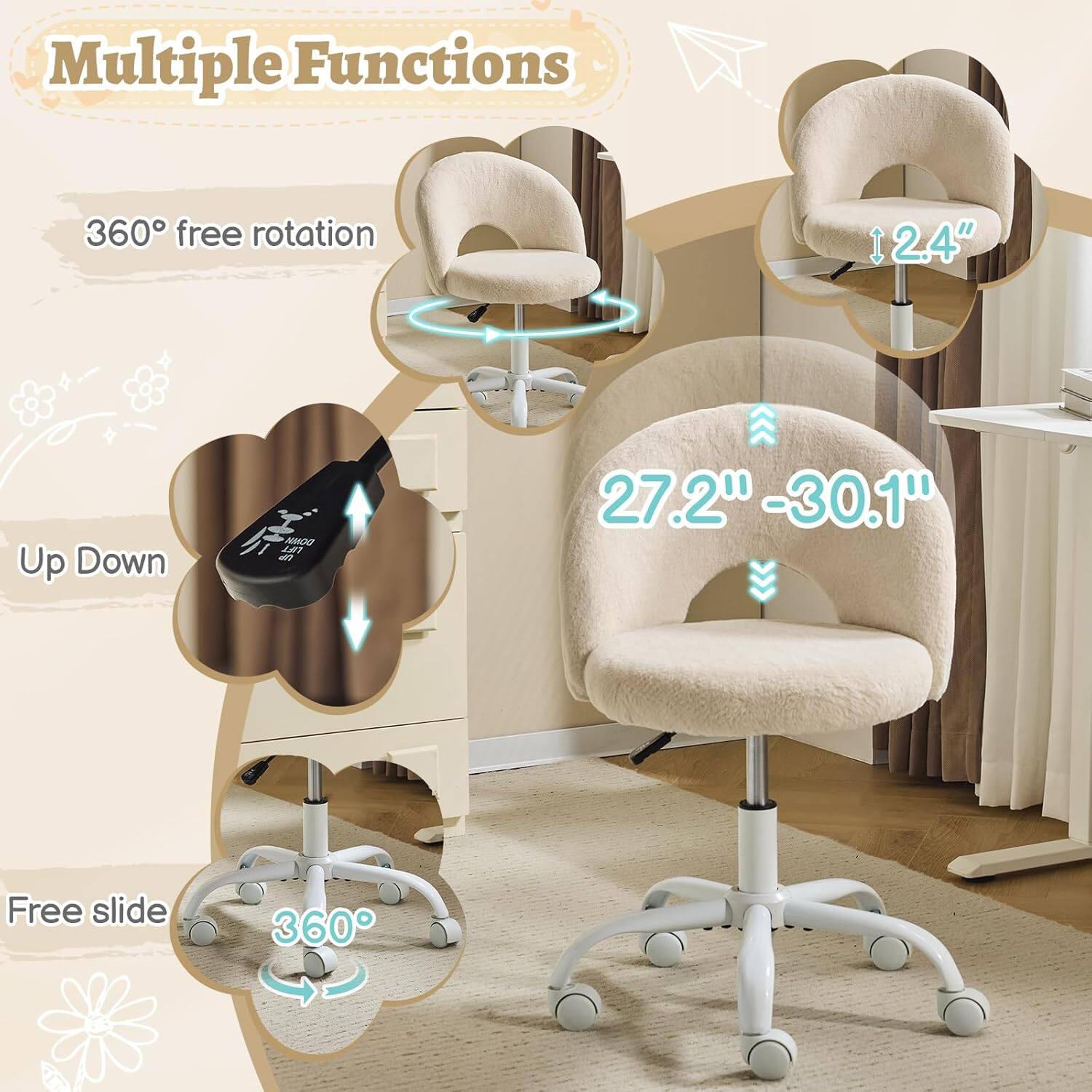 Multiple Functions  
360° free rotation  
2.4" Up Down  
27.2" - 30.1"  
Free slide  
360°