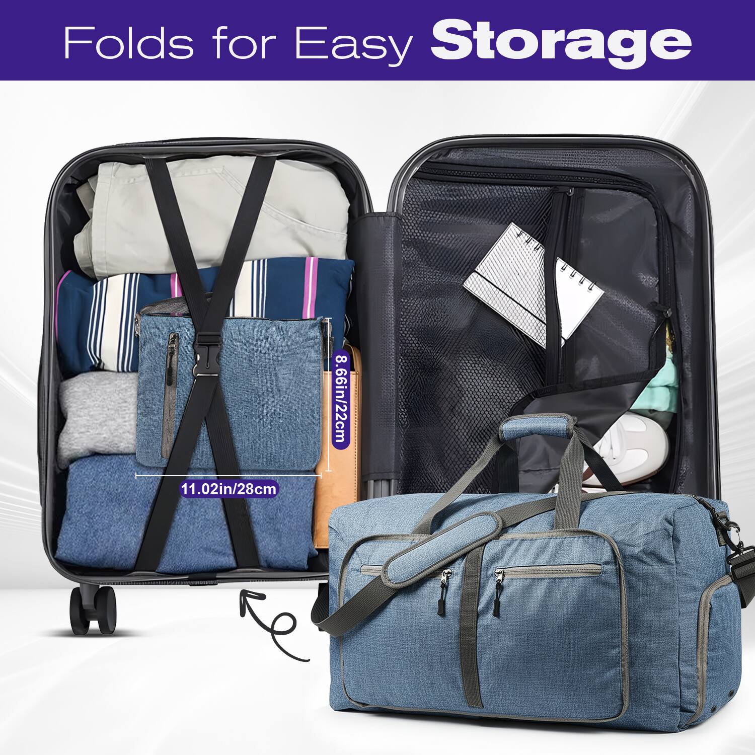 Folds for Easy Storage  
11.02in/28cm  
8.66in/22cm