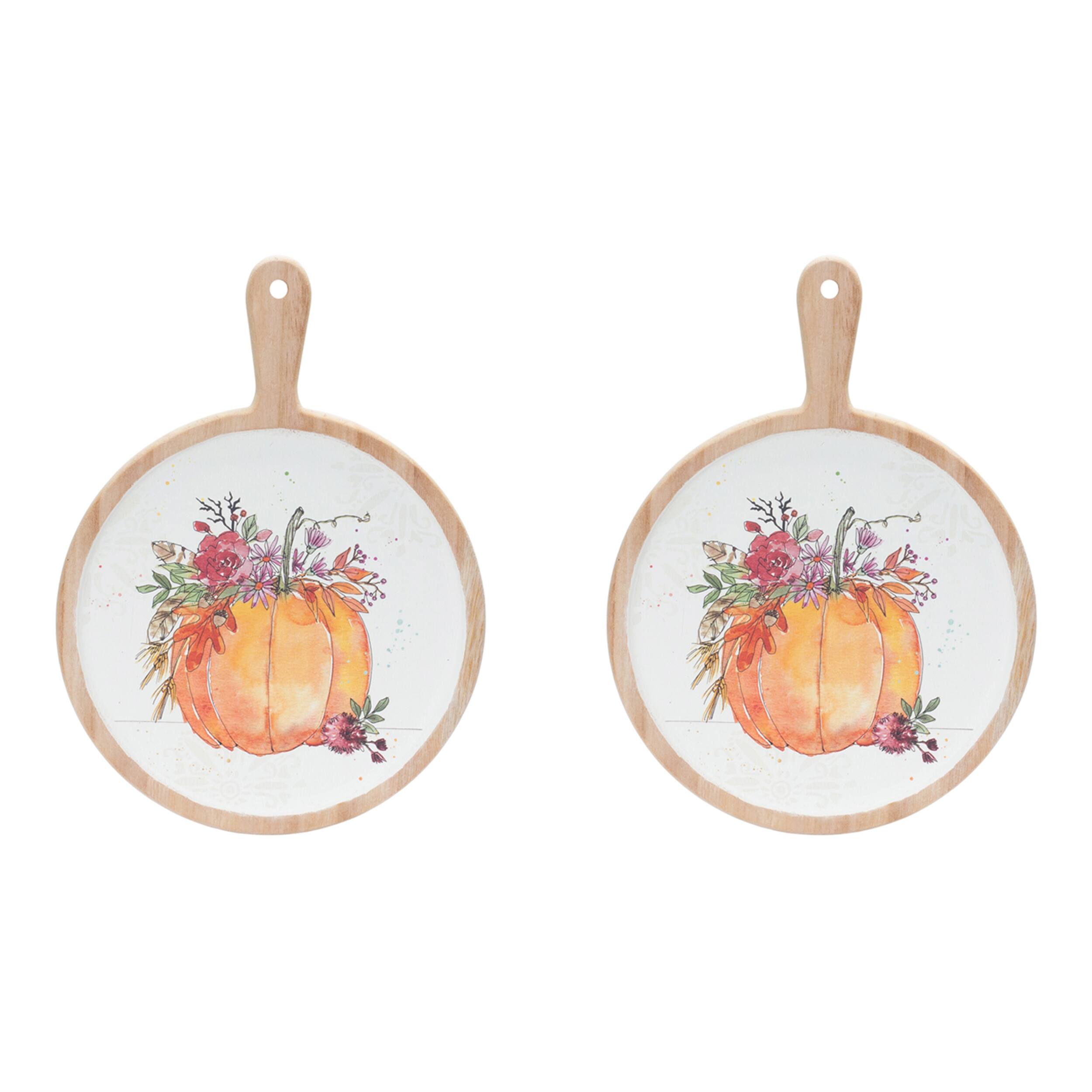 Angle. BreeBe - Watercolor Pumpkin Cutting Board (Set of 2) - Orange, Brown, White.