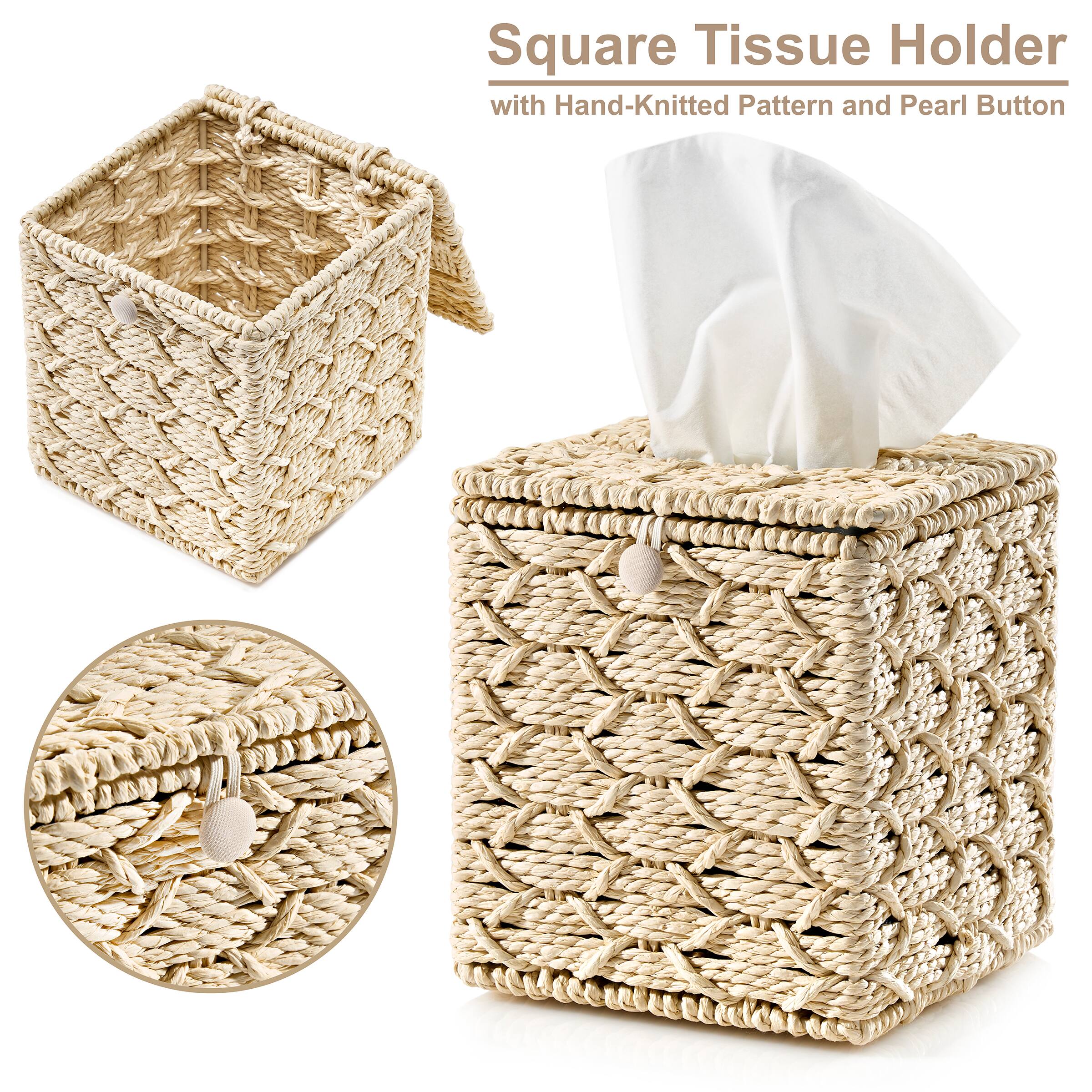 Square Tissue Holder  
with Hand-Knitted Pattern and Pearl Button