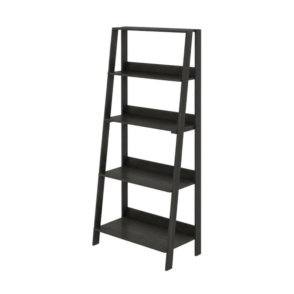 Front. FurniFact - Black 5-Tier Ladder Shelf for Books and Display Storage - Black Espresso.