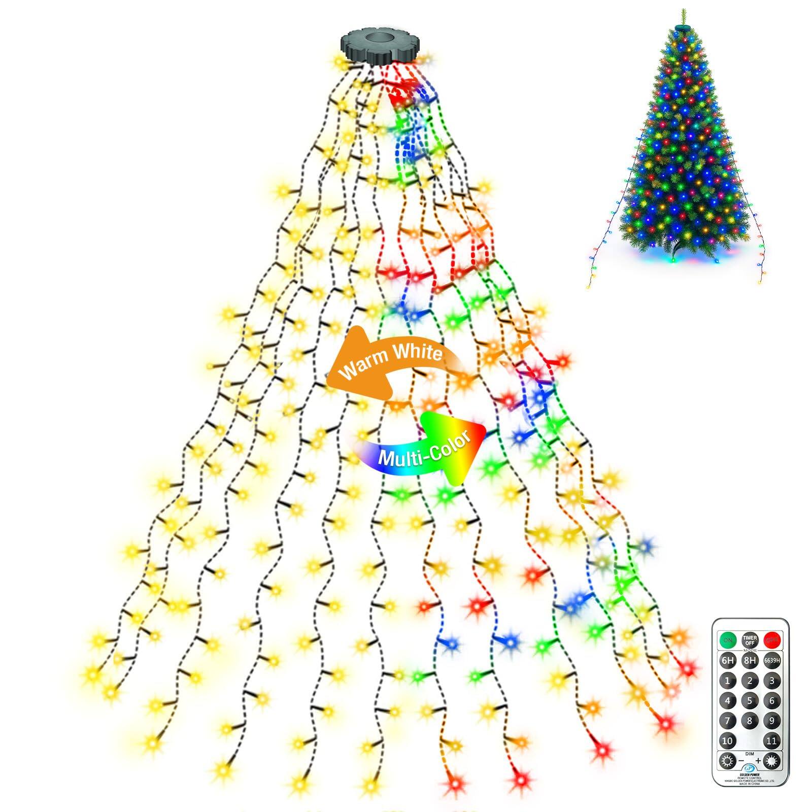 Veranti - 300-LED Cascading Christmas Tree String Lights with Remote, 12 Drops, Selectable Lighting - Warm White + Multicolor