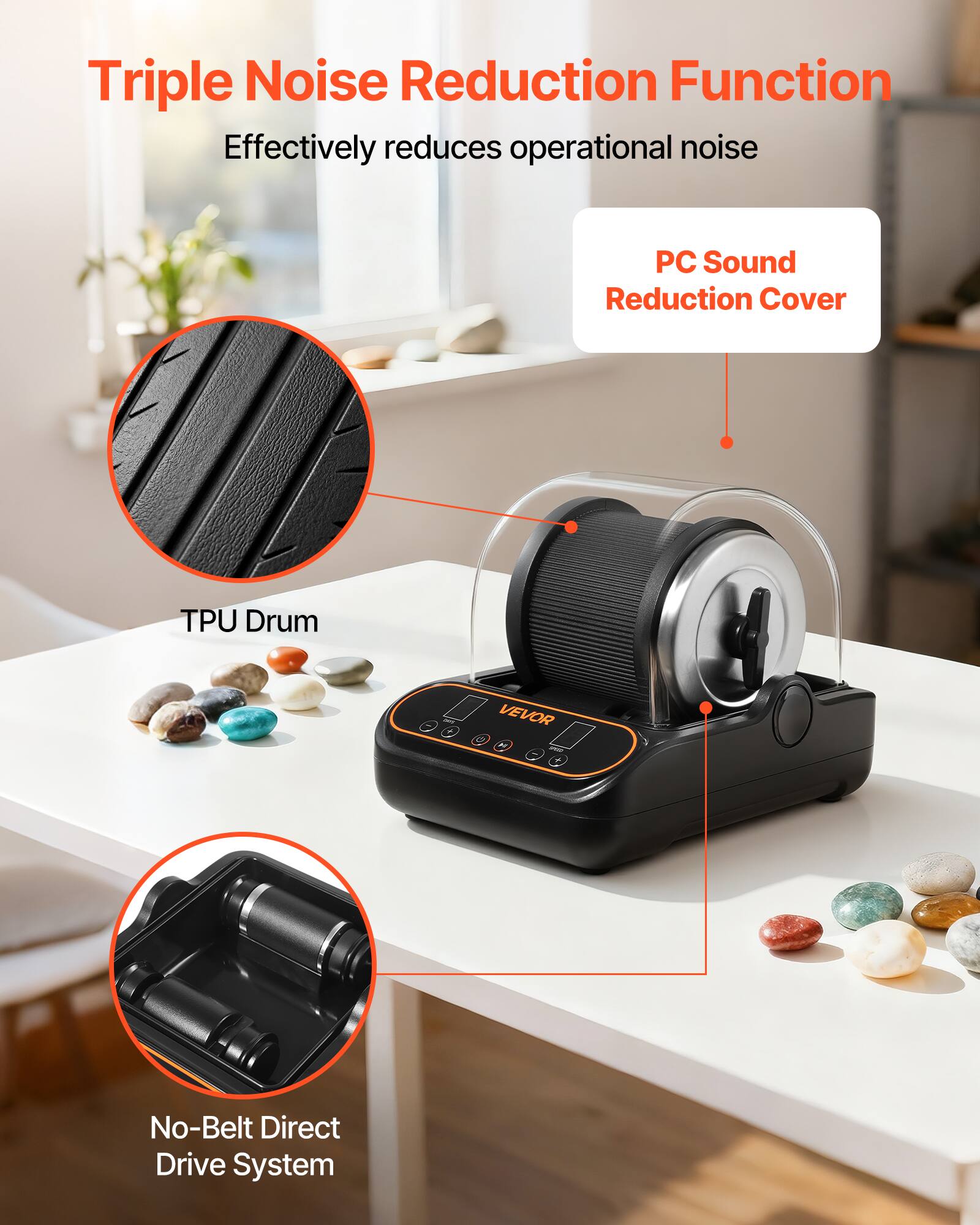 Triple Noise Reduction Function  
Effectively reduces operational noise  

PC Sound Reduction Cover  

TPU Drum  

No-Belt Direct Drive System