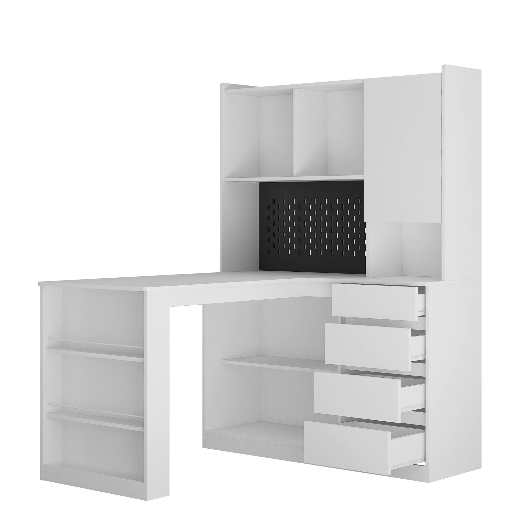 Alt View 6. Tiramisubest - L Shaped Desk with Outlet,Computer Desk with Drawers,Bookshelf,LED Light,Modern Corner Study Desk,Home Office Desk,White - White.