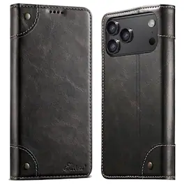UUCOVER - Retro PU Leather Wallet Case for iPhone 17 Pro Max,Magnetic Card Slots / Cash Pocket Case Shockproof Kickstand Cover - Black