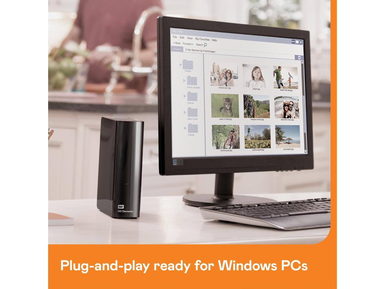 File Edit View My Favorites Help  
« Back Forward » Search  
Emily Backed Up Files\Images  
Family vacation  
Friends  
Baby Chloe  
Friends  
europe-day1.jpg  
chloe-winter.jpg  
sade-in-field.jpg  
newport.jpg  
hello-home.jpg  
central park.jpg  
beach.jpg  
maui-beach.jpg  

Plug-and-play ready for Windows PCs