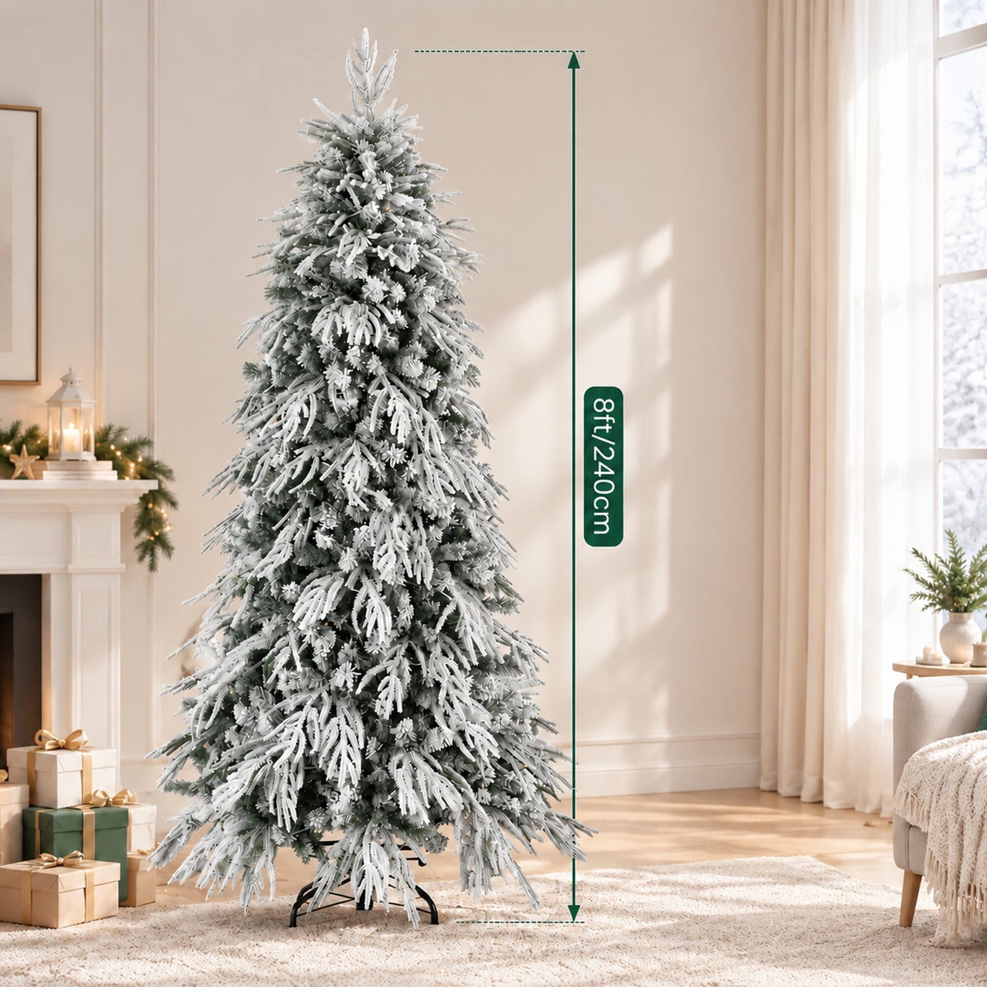 Alt View 3. RYHNUYNE - 8FT Pre-Lit Slim Flocked Christmas Tree With 350 Warm White LED Lights and 950 Tips, Metal Stand for Narrow Spaces - White.