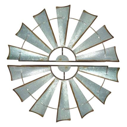 Front. Zeckos - Pair of Distressed Metal Half Moon Windmill Wall Sculptures - Silver.