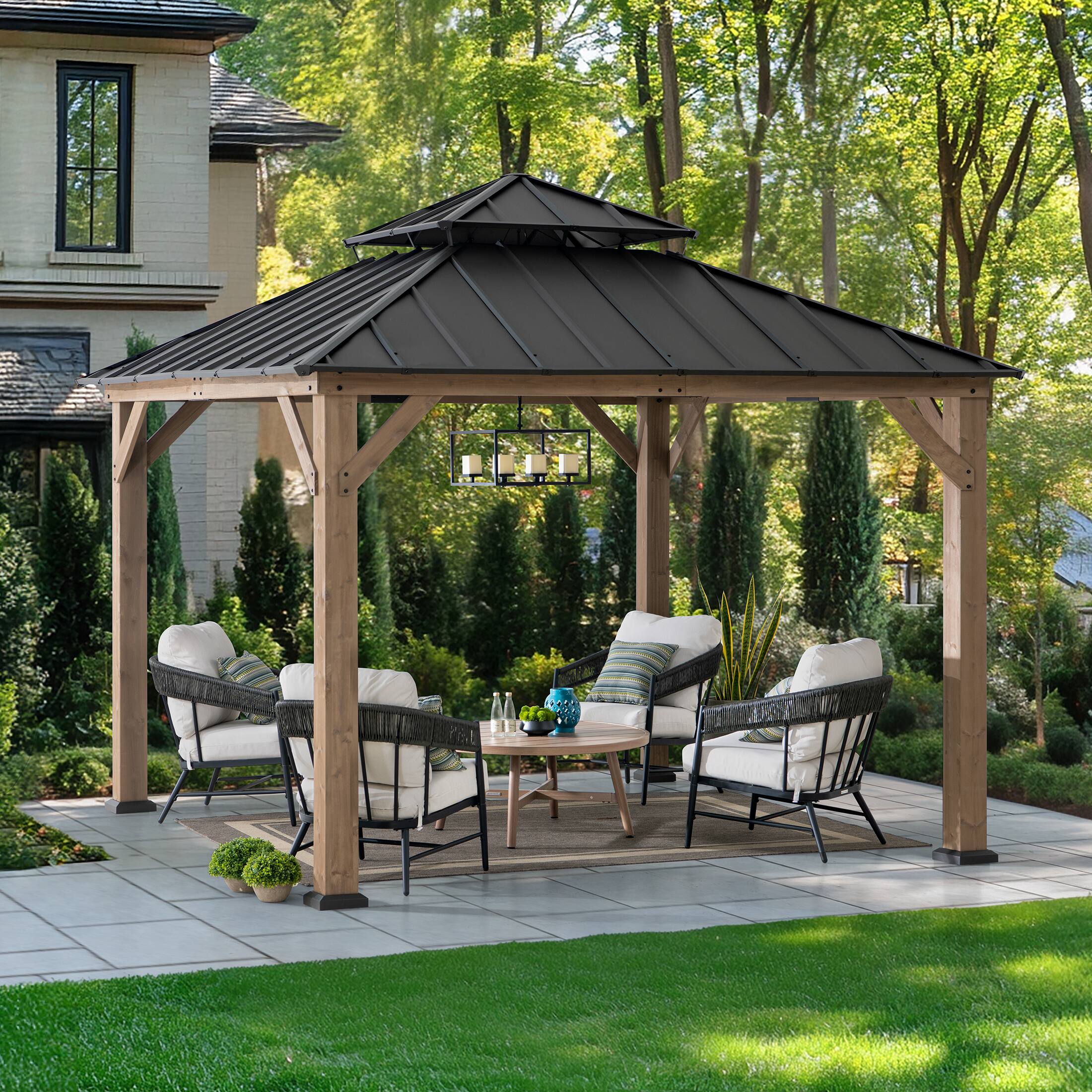 Alt View 5. SUNJOY - Sunjoy 11 ft. x 11 ft., 2-Tier Wooden Frame Hardtop Gazebo with Ceiling Hook - Brown - Brown.
