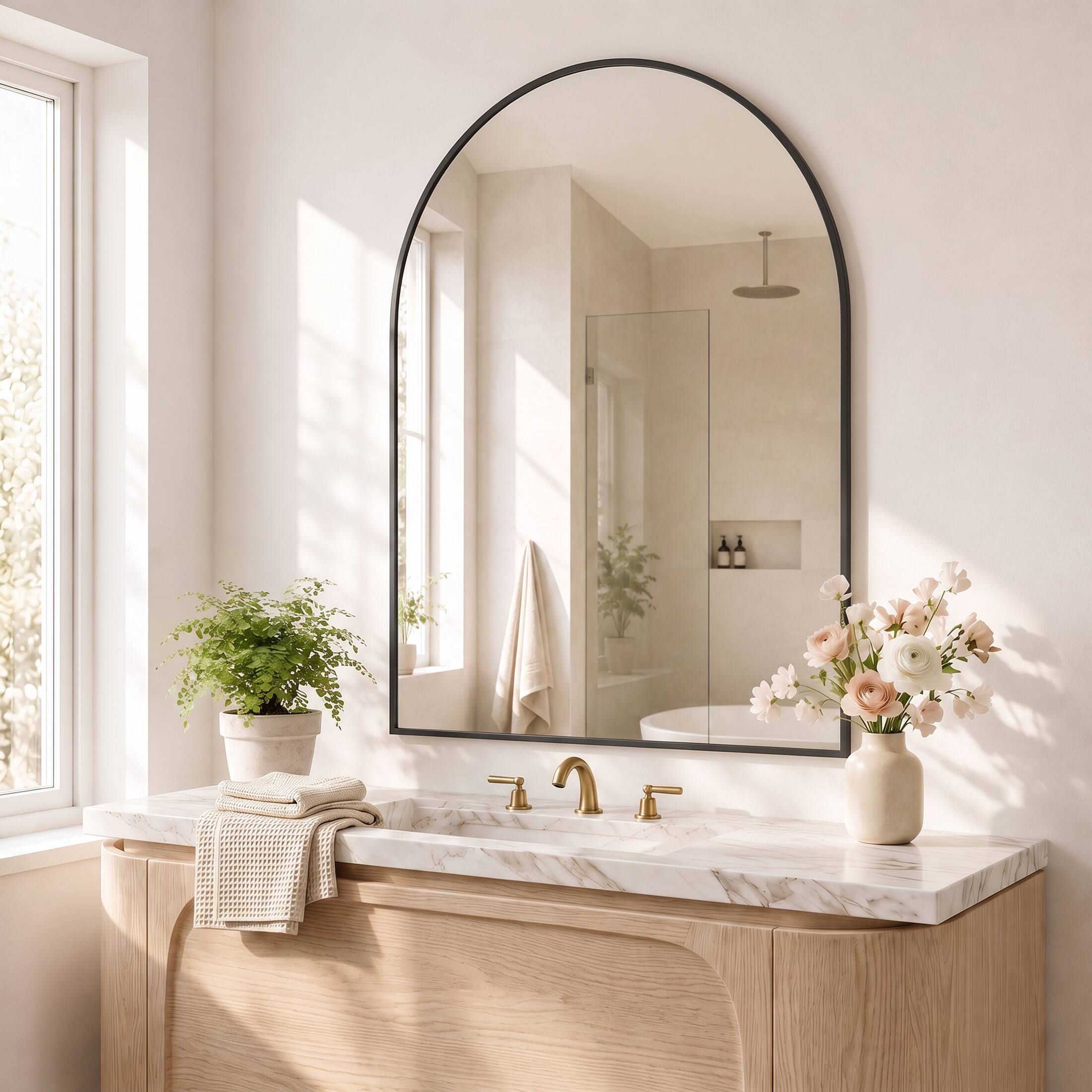 Alt View 3. Sweetcrispy - 30" x 38" Arch Framed Bathroom Wall Mirror, Shatterproof Vanity Mirror, Anti-Rust, Hanging or Leaning - Black.
