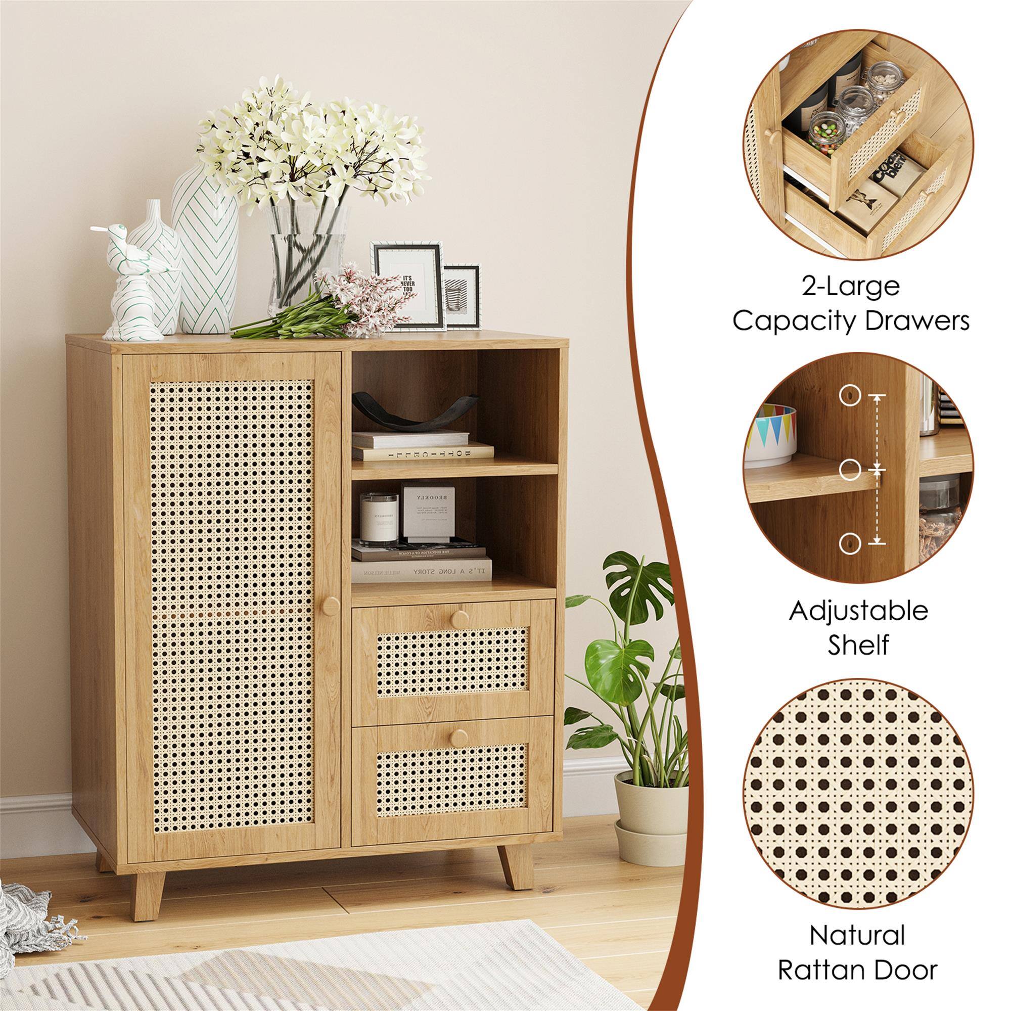 2-Large Capacity Drawers

Adjustable Shelf

Natural Rattan Door