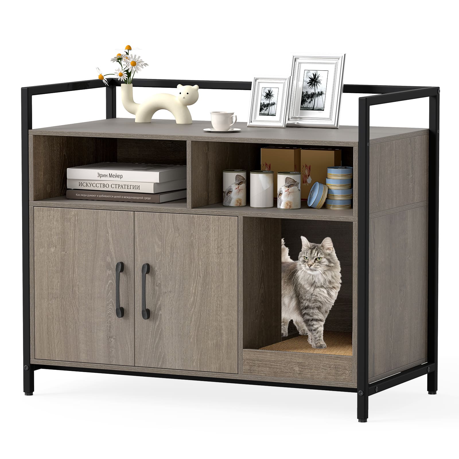 Gymax - Cat Litter Box Enclosure w/ Storage Compartments Removable Scratching Board - Gray