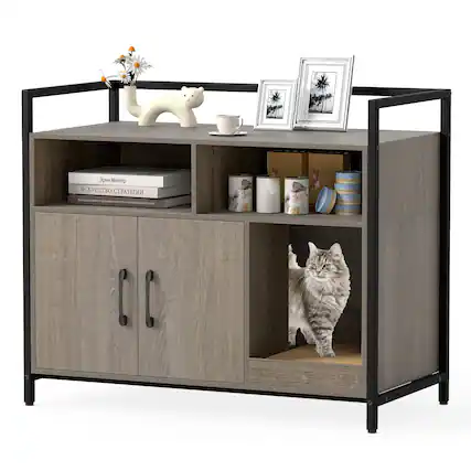 Front. Gymax - Gymax Cat Litter Box Enclosure w/ Storage Compartments Removable Scratching Board Gray - Gray.