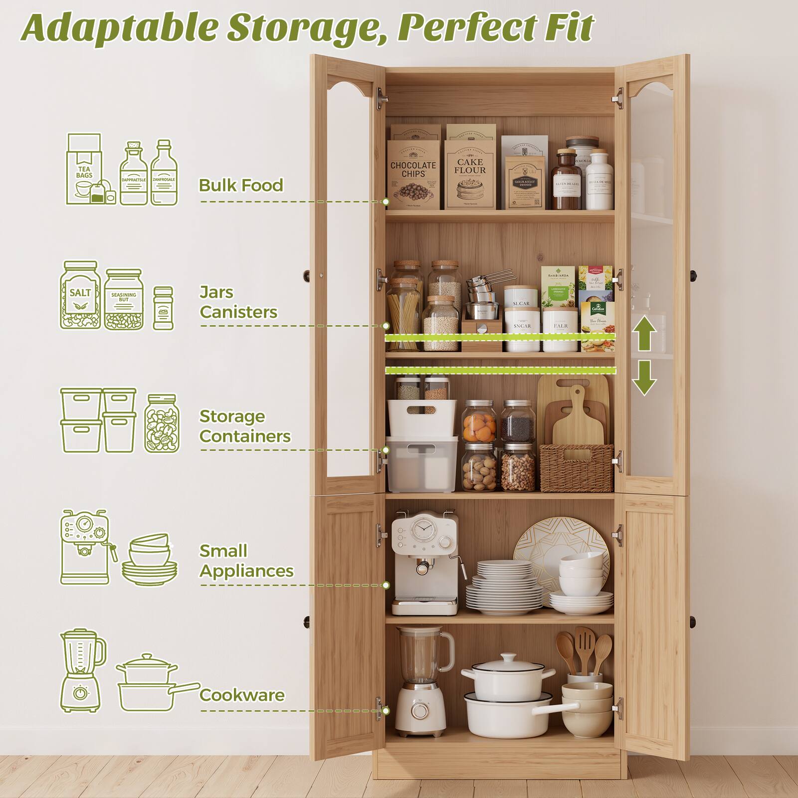 Adaptable Storage, Perfect Fit

- Bulk Food
- Jars Canisters
- Storage Containers
- Small Appliances
- Cookware