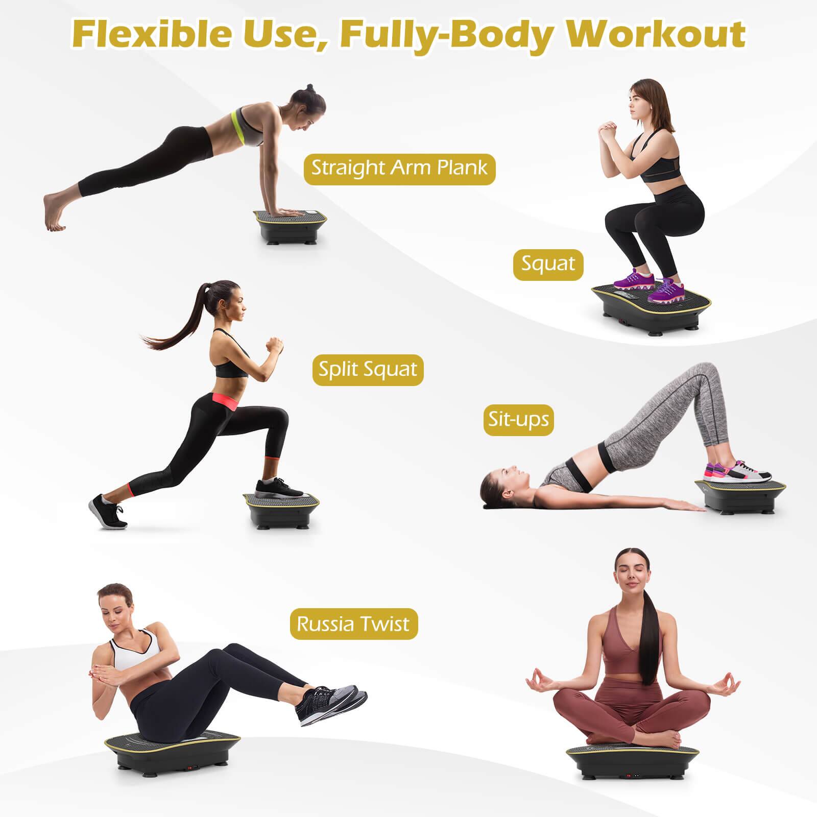 Flexible Use, Fully-Body Workout

- Straight Arm Plank
- Squat
- Split Squat
- Sit-ups
- Russia Twist