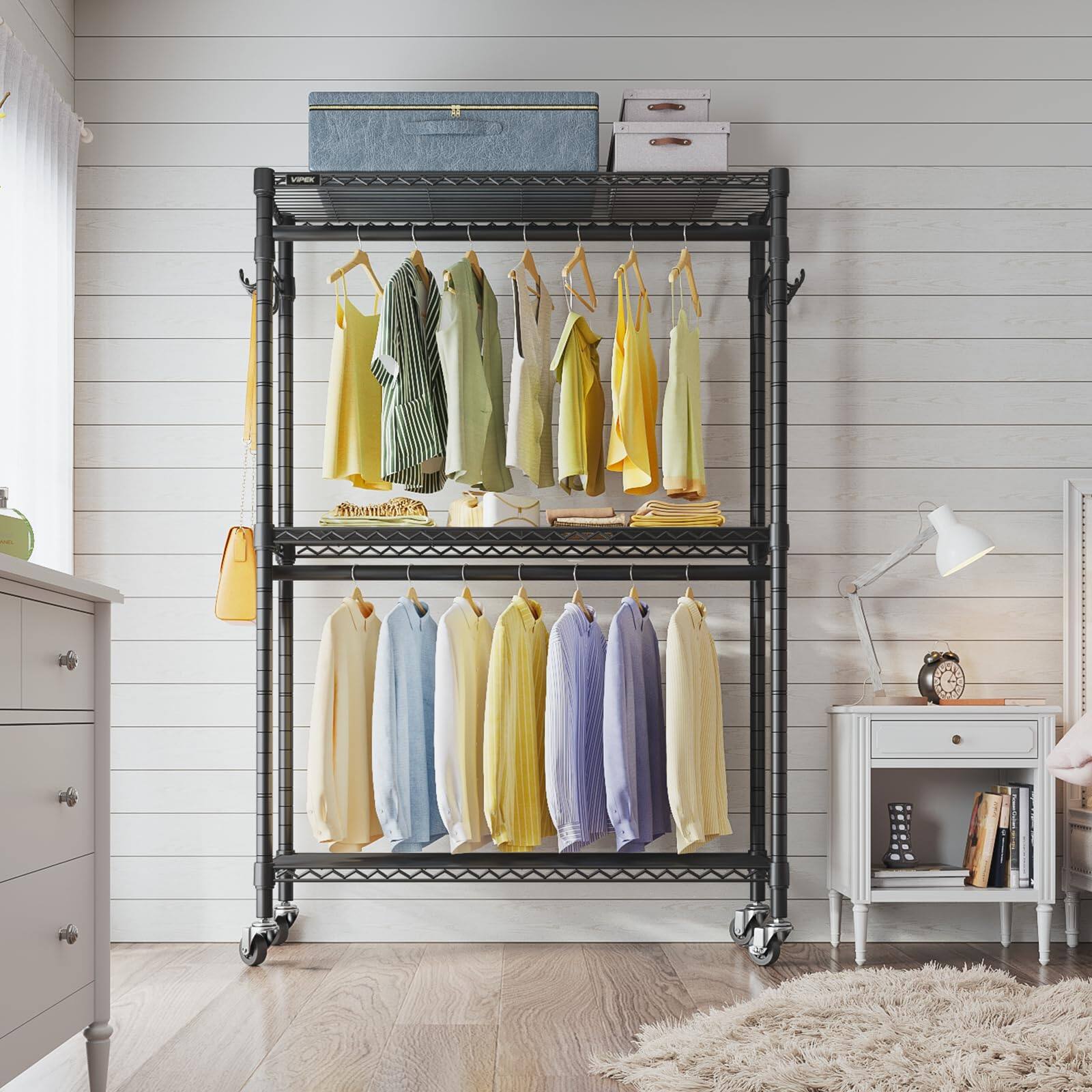 Alt View 8. Hirose Alice - VIPEK R2 Plus Heavy Duty Rolling Garment Rack 3 Tiers Wire Shelving Clothes Rack with Double Rods and Side - White R2 Plus.