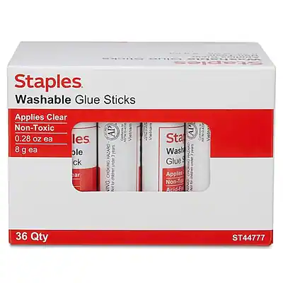 Staples
Washable Glue Sticks
Applies Clear
Non-Toxic
0.28 oz ea
8 g ea
ASTM D4236
CHOKING HAZARD - Small parts. Not for children under 3 years.
36 Qty
ST44777