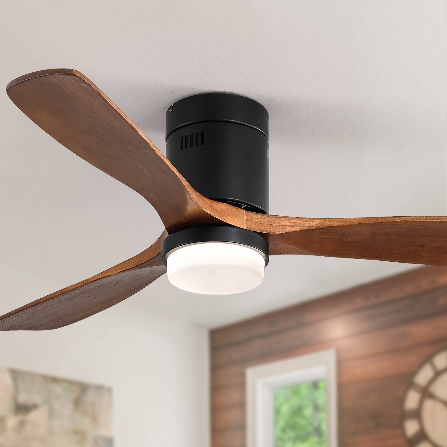 Left. APRILSOUL - 52-in Flush Mount Ceiling Fan Ultra Quiet DC Motor Remote LED 3 Color - Black.