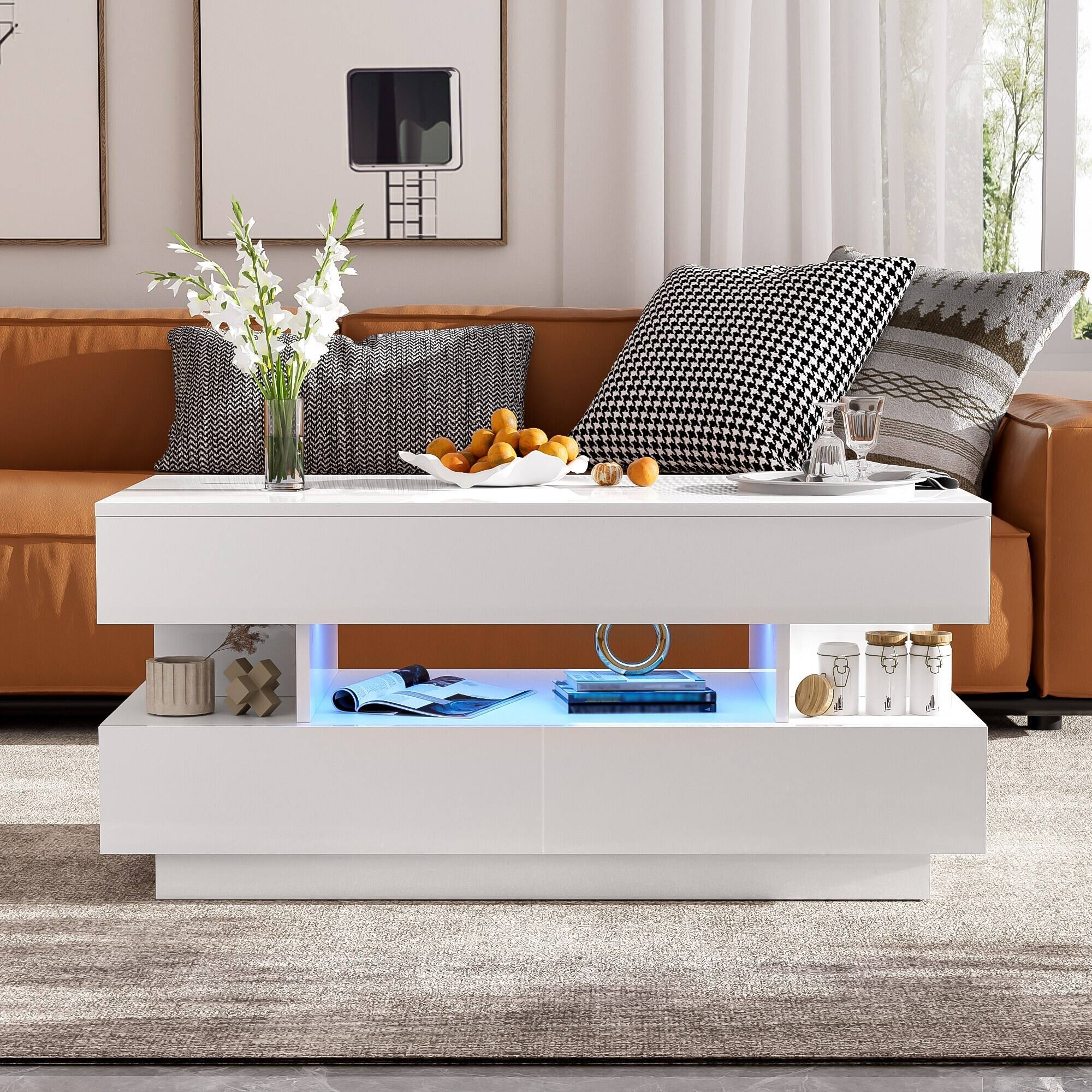 Angle. Bestier - Lift Top Coffee Table with Storage, Modern LED Lighted Coffee Table with 2 Drawers and Open Shelf for Living Room - White.