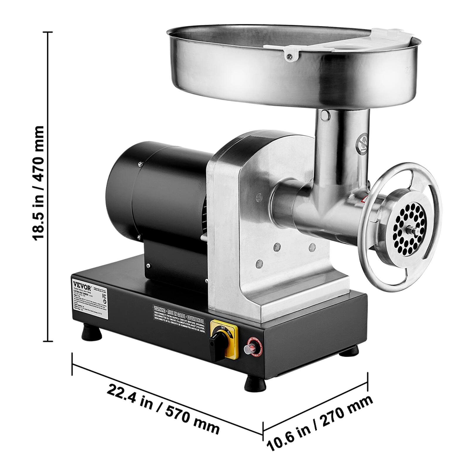 - 18.5 in / 470 mm
- 22.4 in / 570 mm
- 10.6 in / 270 mm
