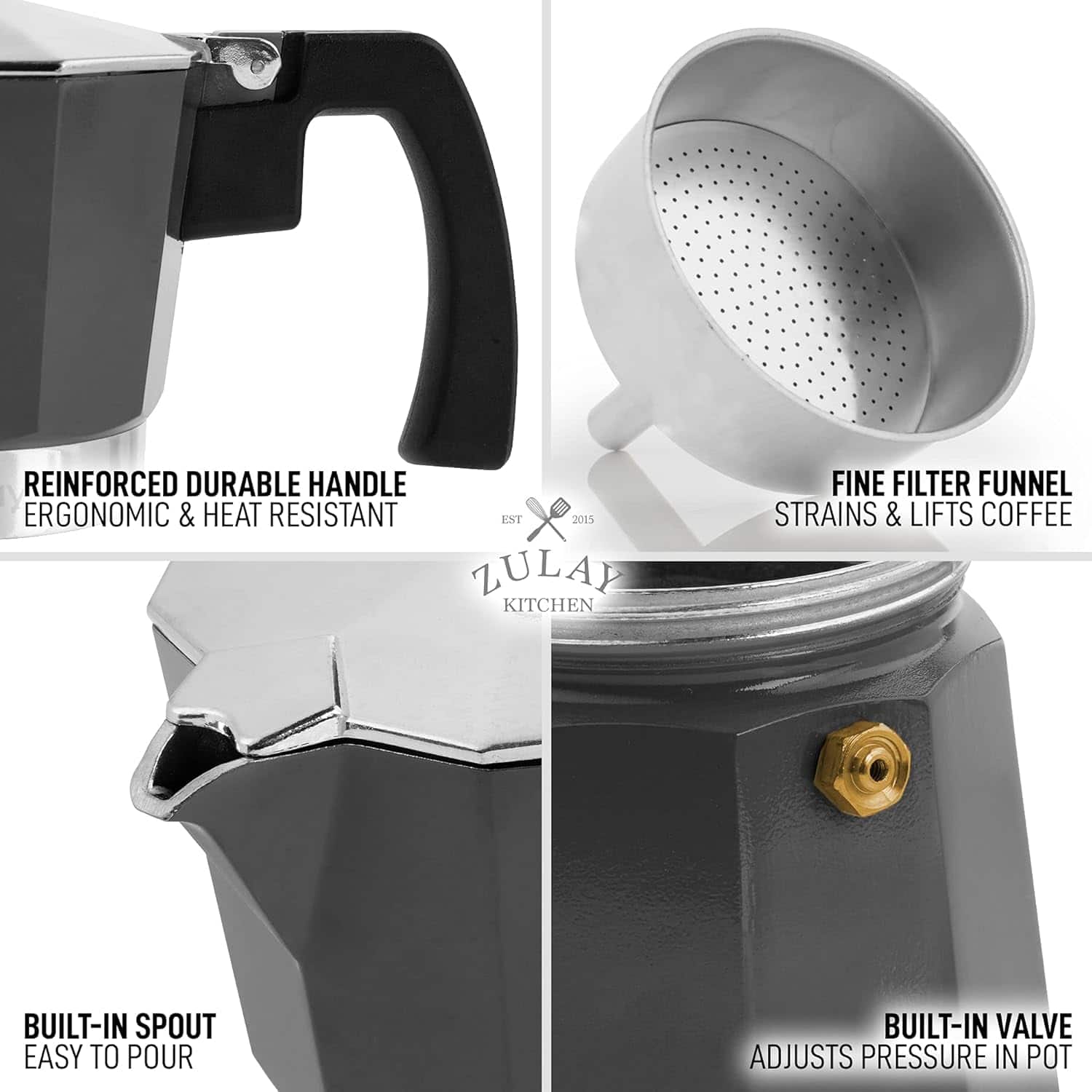 The text on the image can be grouped and corrected as follows:
- **Reinforced Durable Handle Ergonomic & Heat Resistant**
- **Fine Filter Funnel Strains & Lifts Coffee**
- **Built-In Spout Easy to Pour**
- **Built-In Valve Adjusts Pressure**
This text highlights the features of the kitchen funnel.