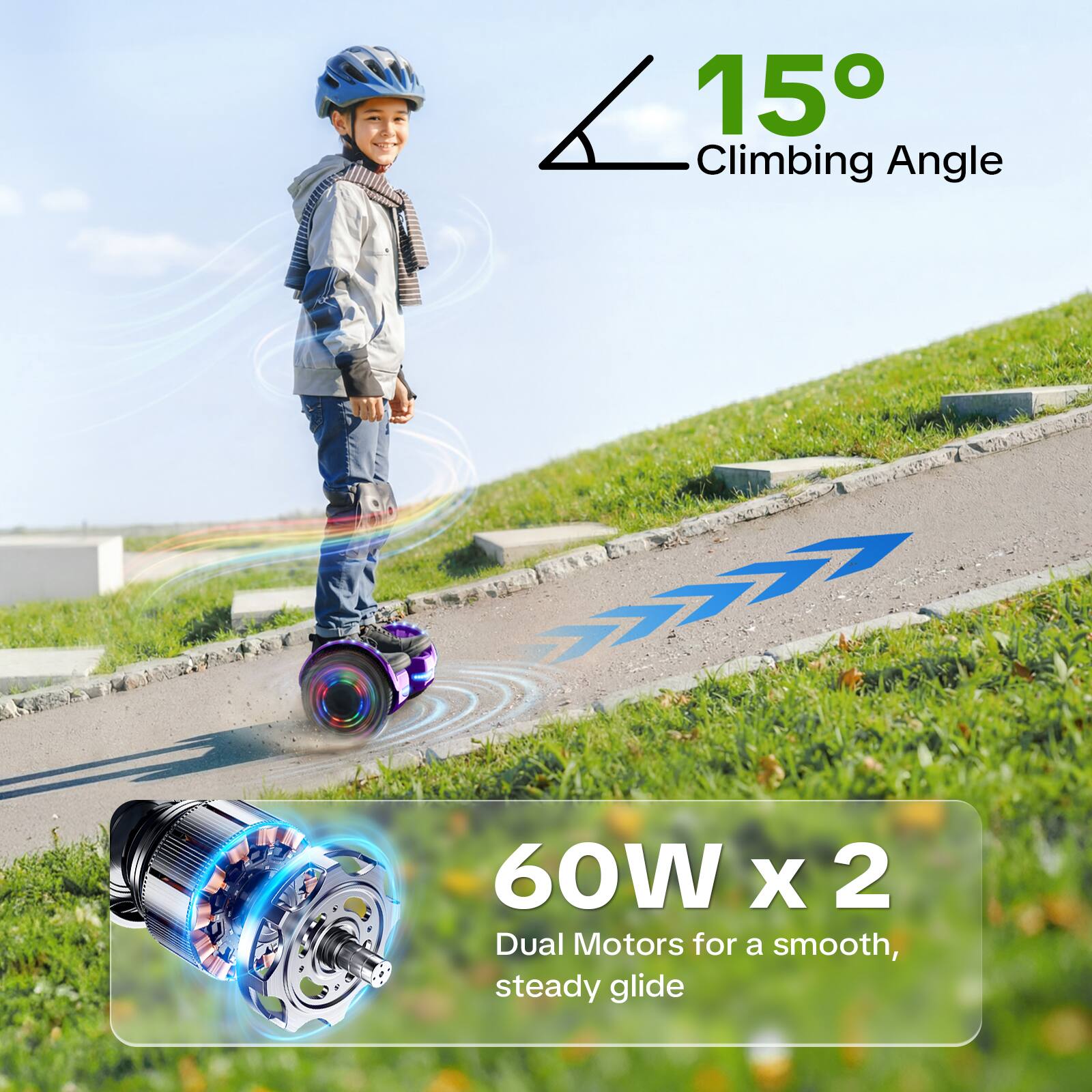 15° Climbing Angle

60W x 2 Dual Motors for a smooth, steady glide