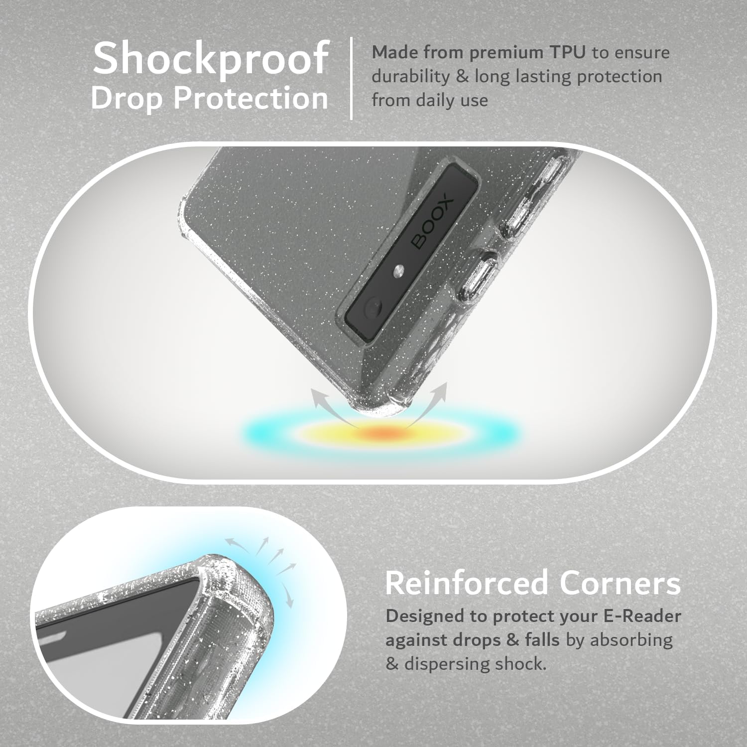 Made from premium TPU to ensure durability & long-lasting protection from daily use.

Shockproof Drop Protection

Reinforced Corners
Designed to protect your E-Reader against drops & falls by absorbing & dispersing shock.
