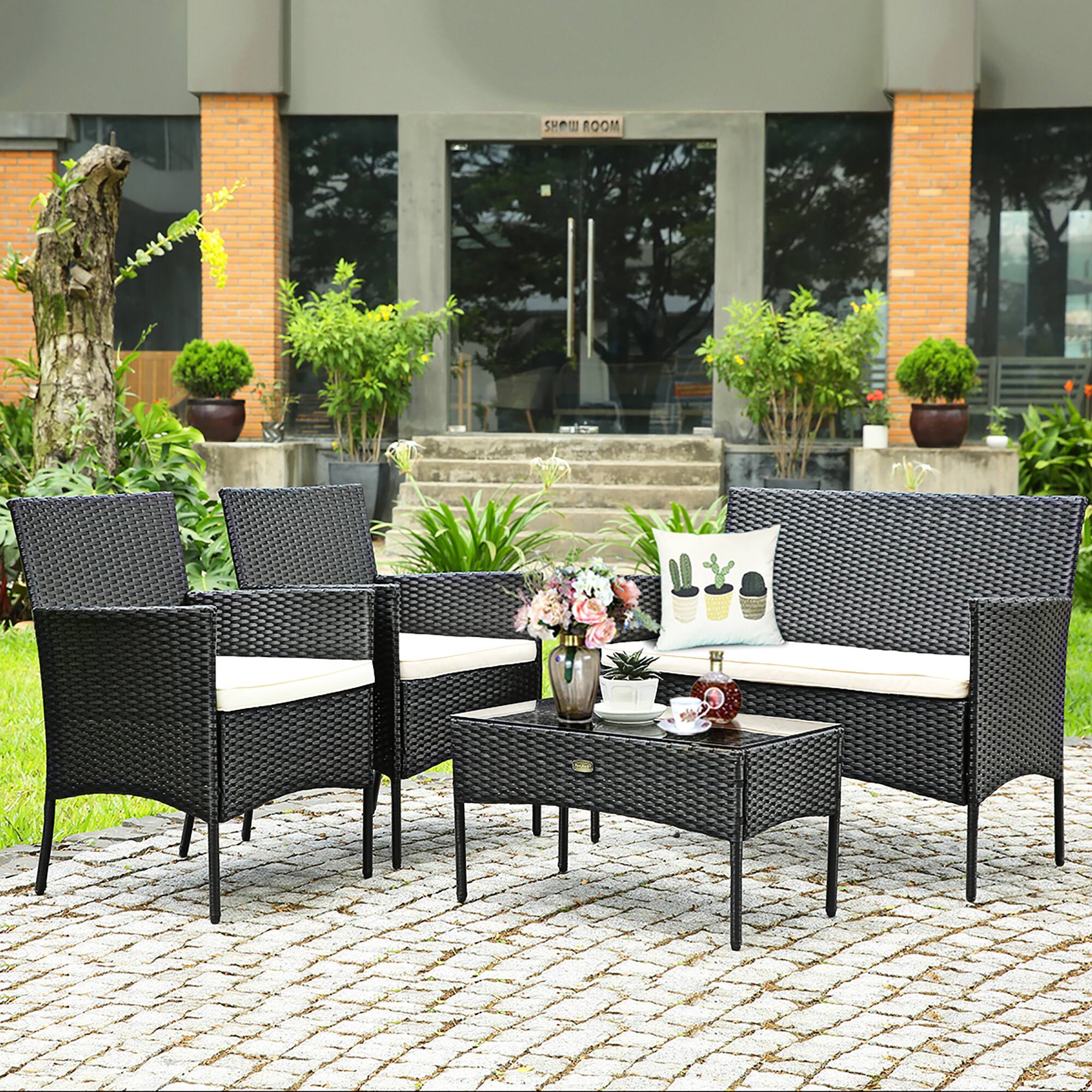 Alt View 4. Costway - Costway 4PCS Patio Rattan Seating Set Cushioned Sofa Coffee Table Backyard Porch - Multicolor.