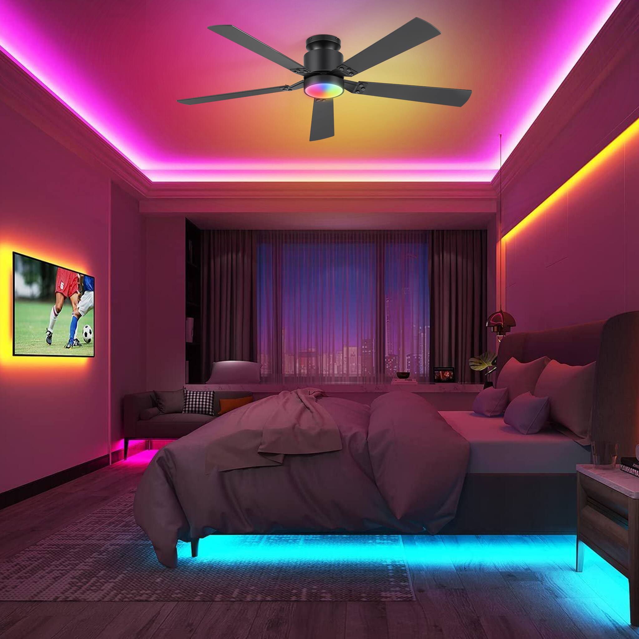 Alt View 1. Breezary - 52-Inch Modern Ceiling Fan with Acrylic Light Shade, RGB LED Light, 6-Speed Remote, Timer, Flush Mount - Black and Walnut.