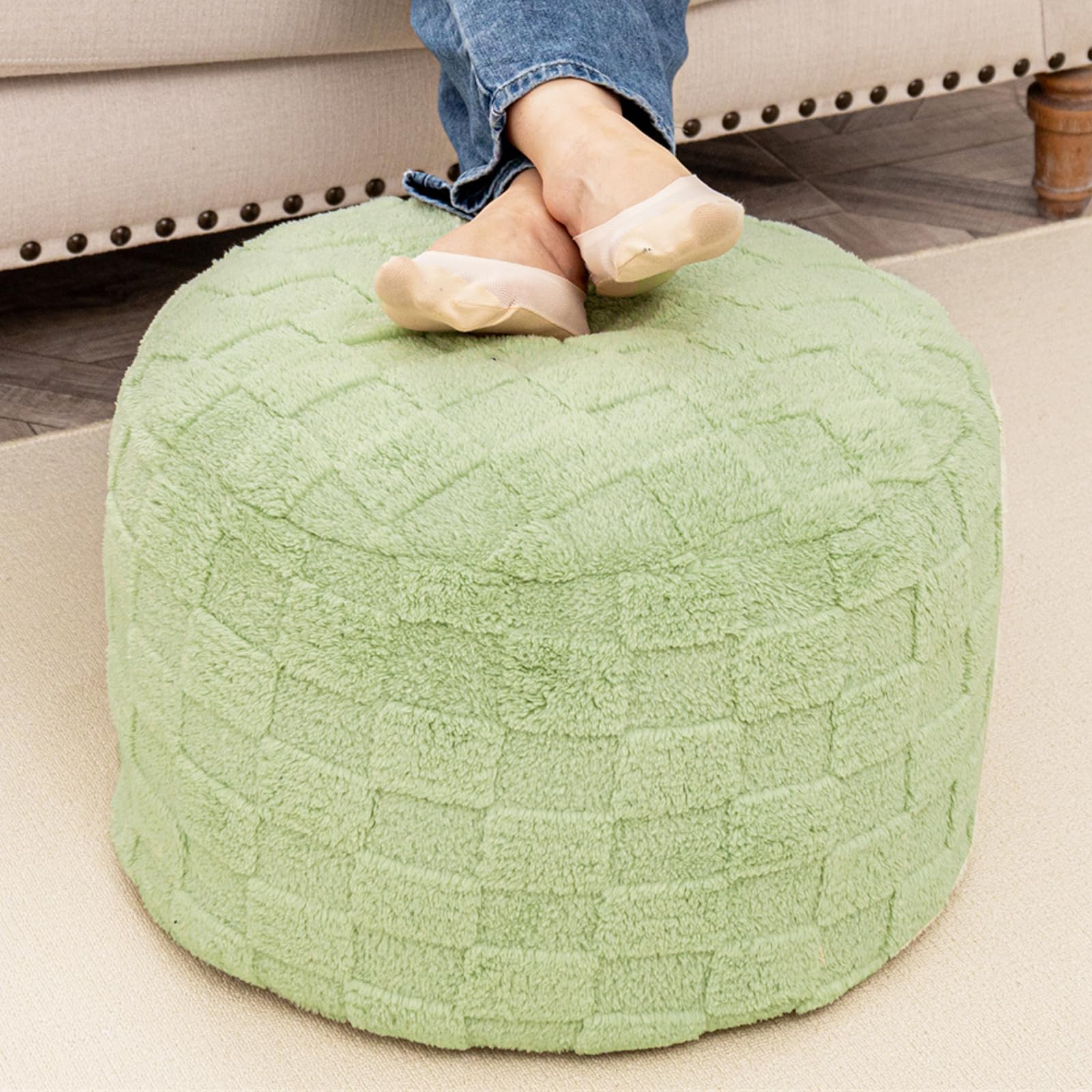 Front. Fabibe - Round Pouf Ottoman 20 x 20 x 14 Inches Boho Floor Poof Home Decor Floor Pouffe Ottoman Foot Rest for Couch Sofa Bean... - Grass Green.