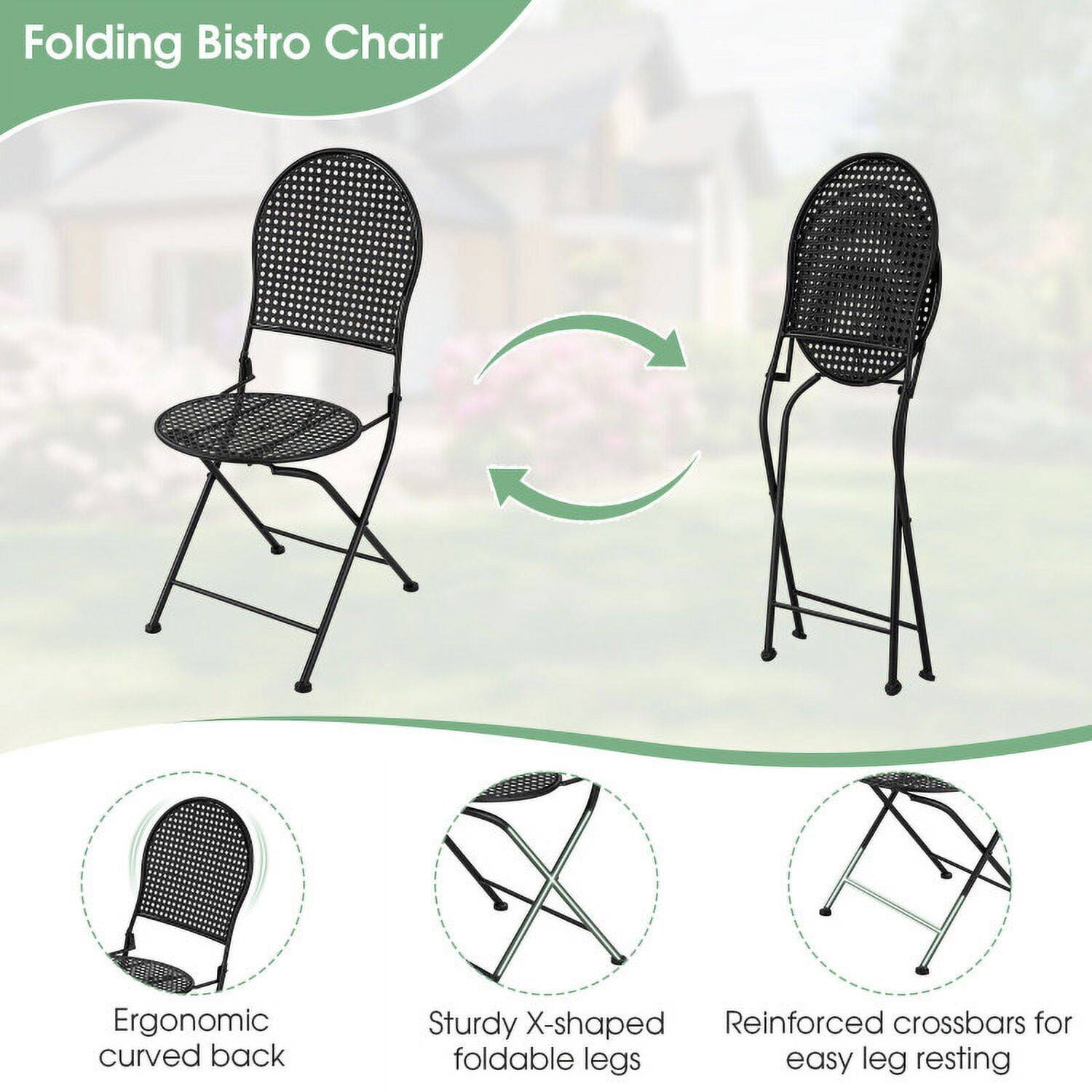 Folding Bistro Chair

- Ergonomic curved back
- Sturdy X-shaped foldable legs
- Reinforced crossbars for easy leg resting