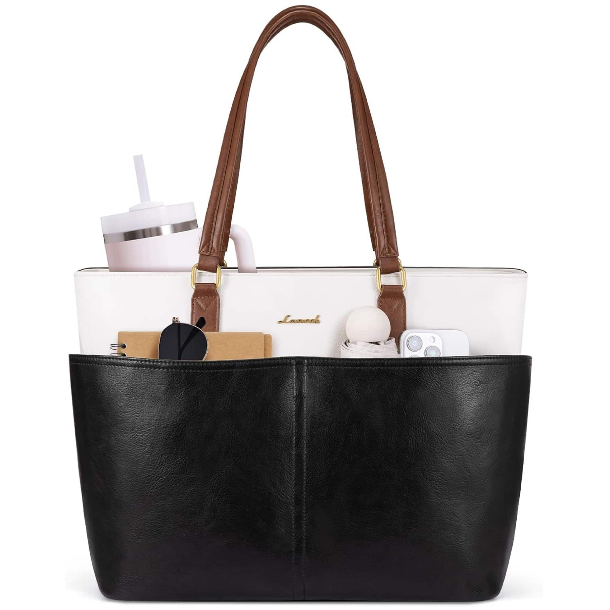 LOVEVOOK - Work Tote Bags for Women, Vintage Leather 15.6 Inch Laptop Bag with Large Cup Holder in Black and White - Assorted Pre-Pack