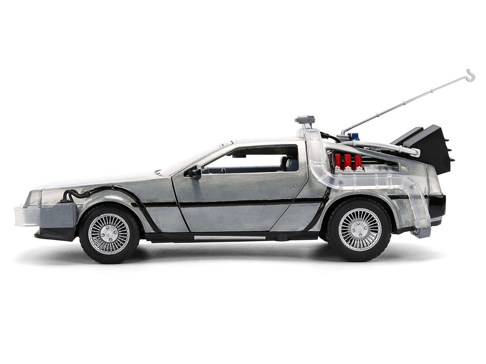 Left. Jada - DeLorean Brushed Metal Time Machine with Lights 1/24 "Back to the Future" 1985 40th Anniversary Hollywood Rides - Grey.