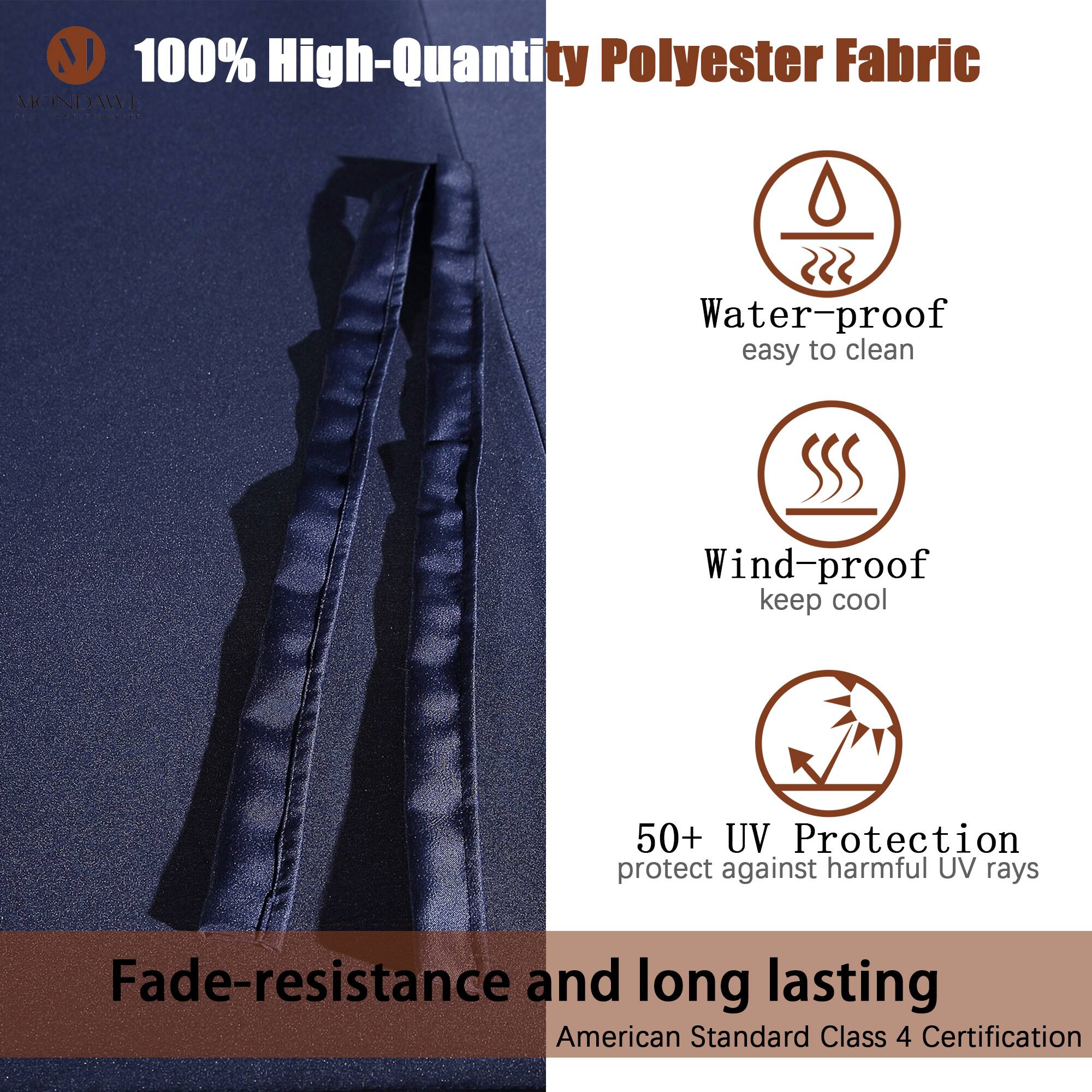 100% High-Quantity Polyester Fabric

- Water-proof
  - easy to clean

- Wind-proof
  - keep cool

- 50+ UV Protection
  - protect against harmful UV rays

- Fade-resistance and long lasting
  - American Standard Class 4 Certification