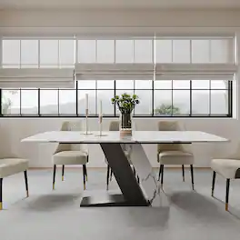 POVISON - 71"Modern Glossy White Sintered Stone Rectangular Dining Table for 4-6, Z-shaped Stainless Steel Base - White & Black