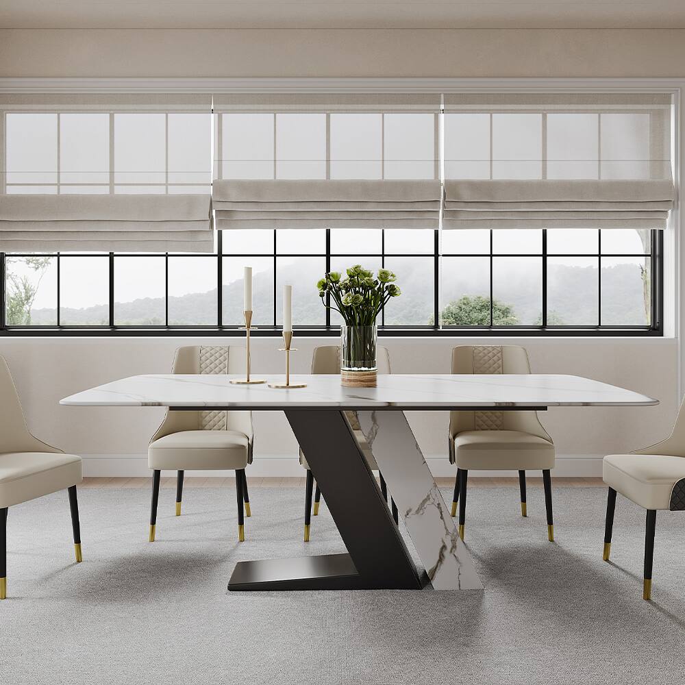 Front. POVISON - 71"Modern Glossy White Sintered Stone Rectangular Dining Table for 4-6, White & Black Z-shaped Stainless Steel Base - White & Black.