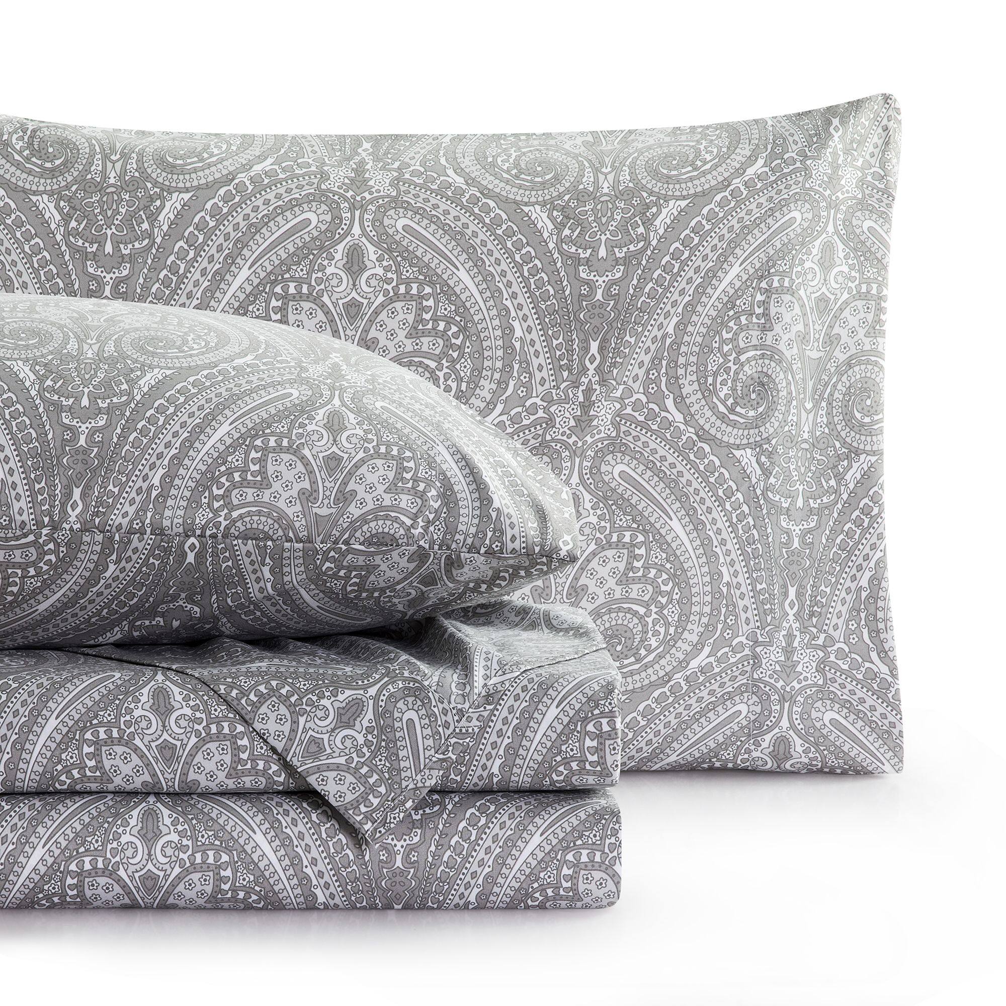 Angle. Sweet Home Collection - Paisley 4 Piece Printed Sheet Set, Double Brushed Microfiber, Full - Gray.