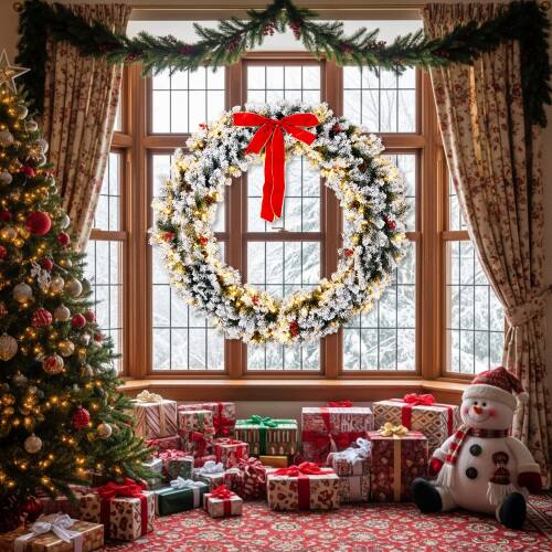 Alt View 5. Winado - Christmas Pre-lit Snow Flocked 60in Wreath with LED Lights, DIY Ornaments for Indoor Outdoor Holiday Party Decorations - Snowy Green.