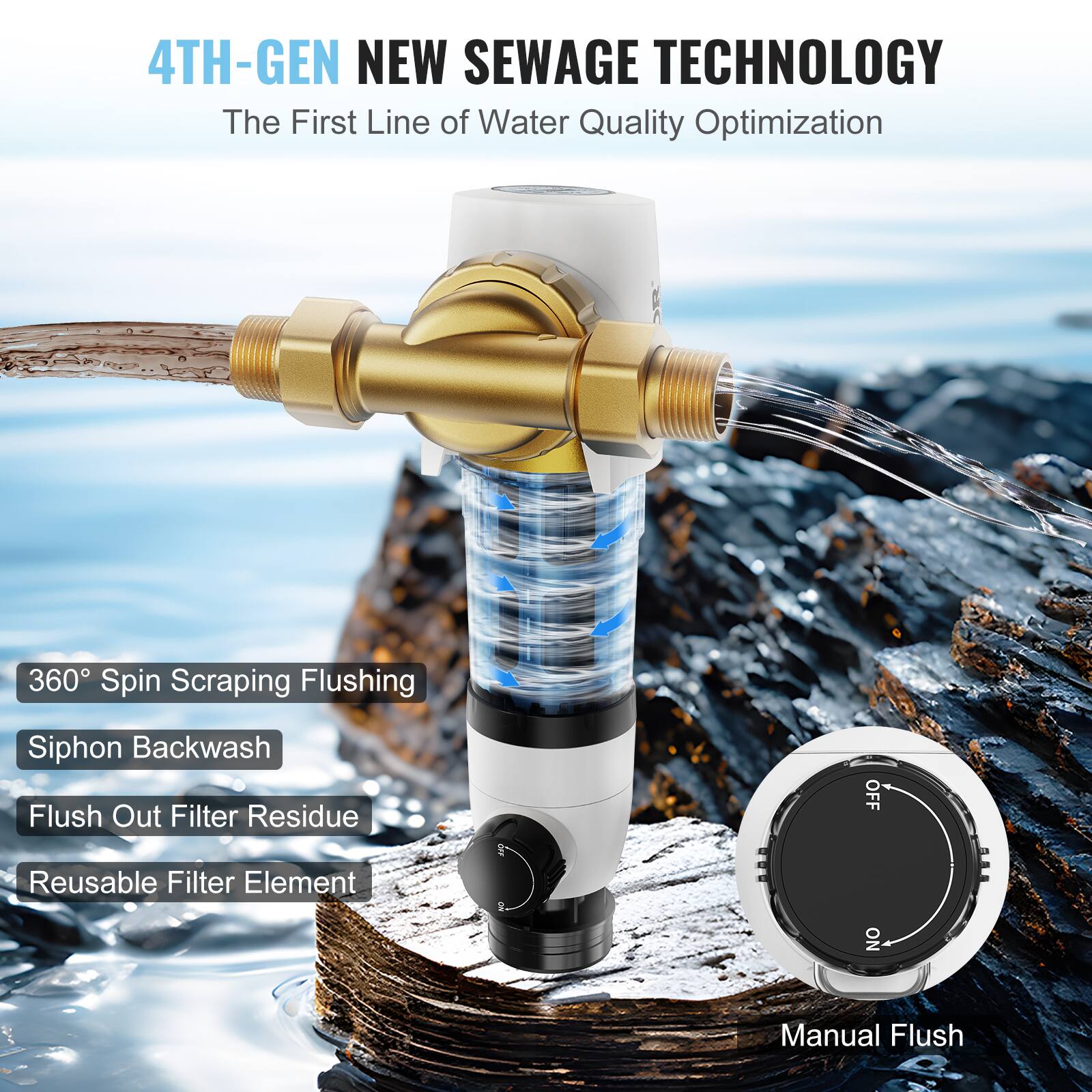 4TH-GEN NEW SEWAGE TECHNOLOGY  
The First Line of Water Quality Optimization  

360° Spin Scraping Flushing  
Siphon Backwash  
Flush Out Filter Residue  
Reusable Filter Element  

Manual Flush
