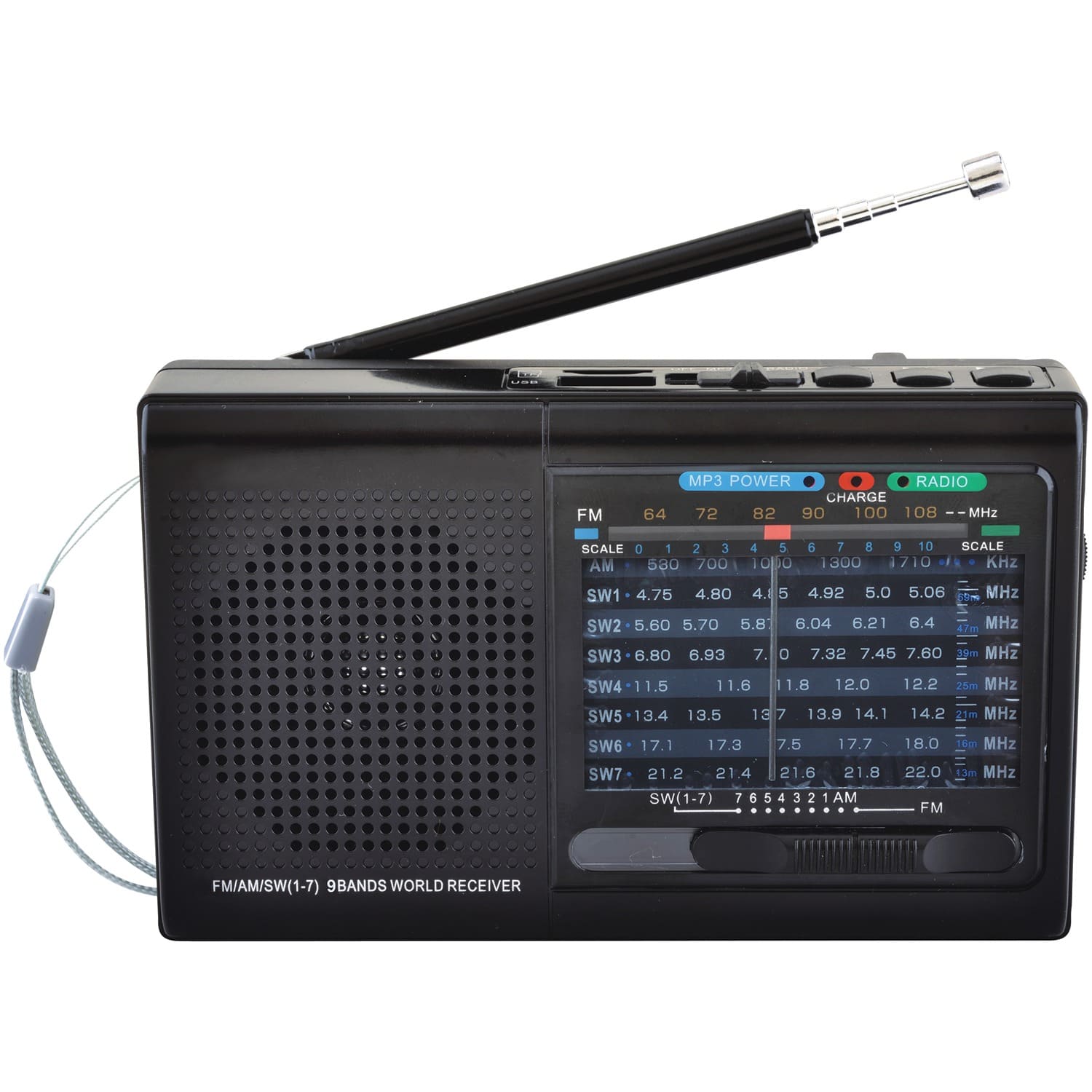 Supersonic - 9-Band Rechargeable Radio SC-1080BT, Bluetooth, USB/microSD Card Input - Black