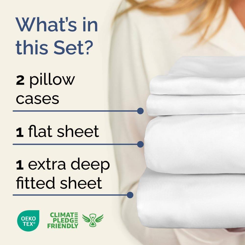 What's in this Set?

2 pillow cases

1 flat sheet

1 extra deep fitted sheet

CLIMATE PLEDGE FRIENDLY

OEKO TEX
