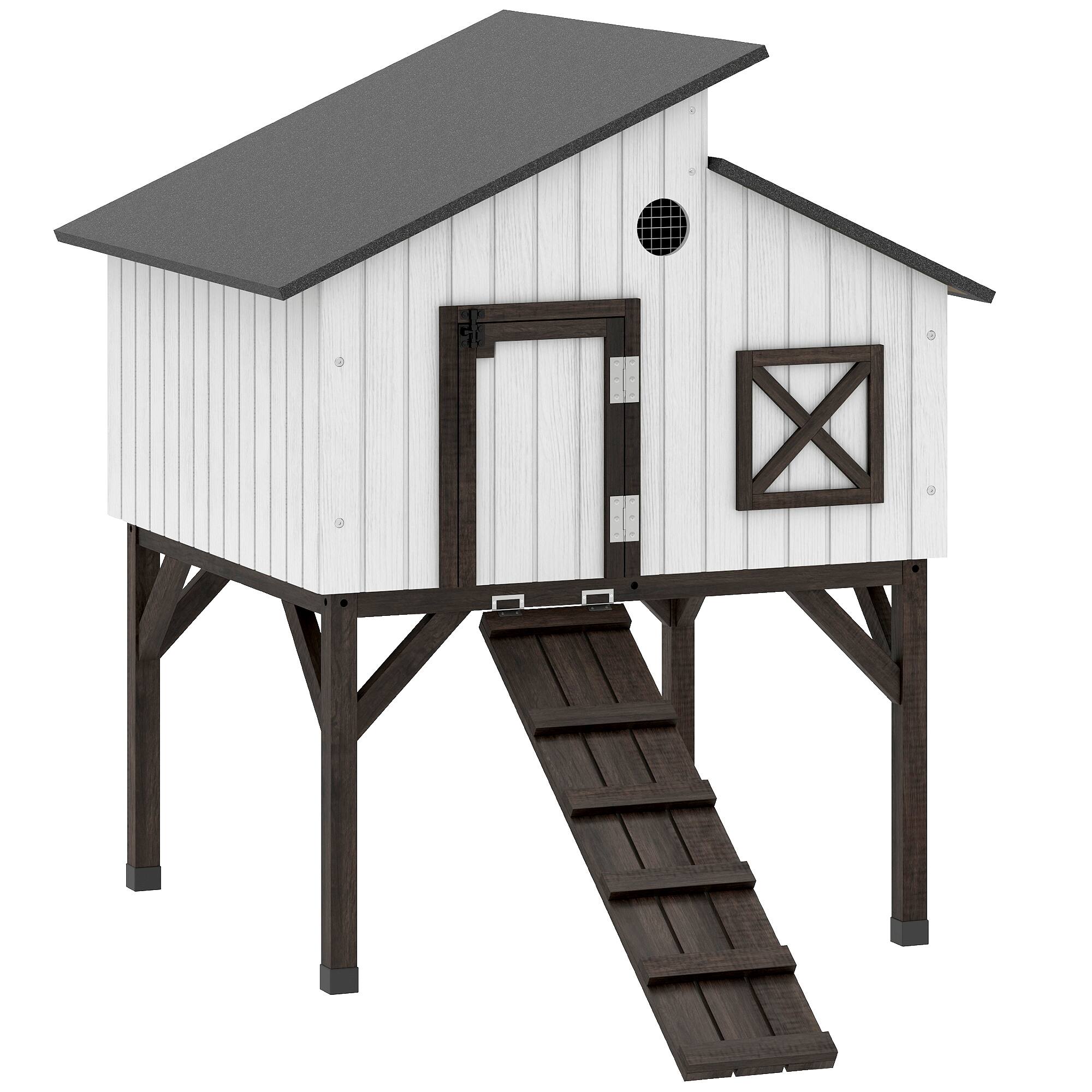 Pawhut - Coop Hen House with Nesting Box, Elevated Rabbit Hutch with Ramp - White