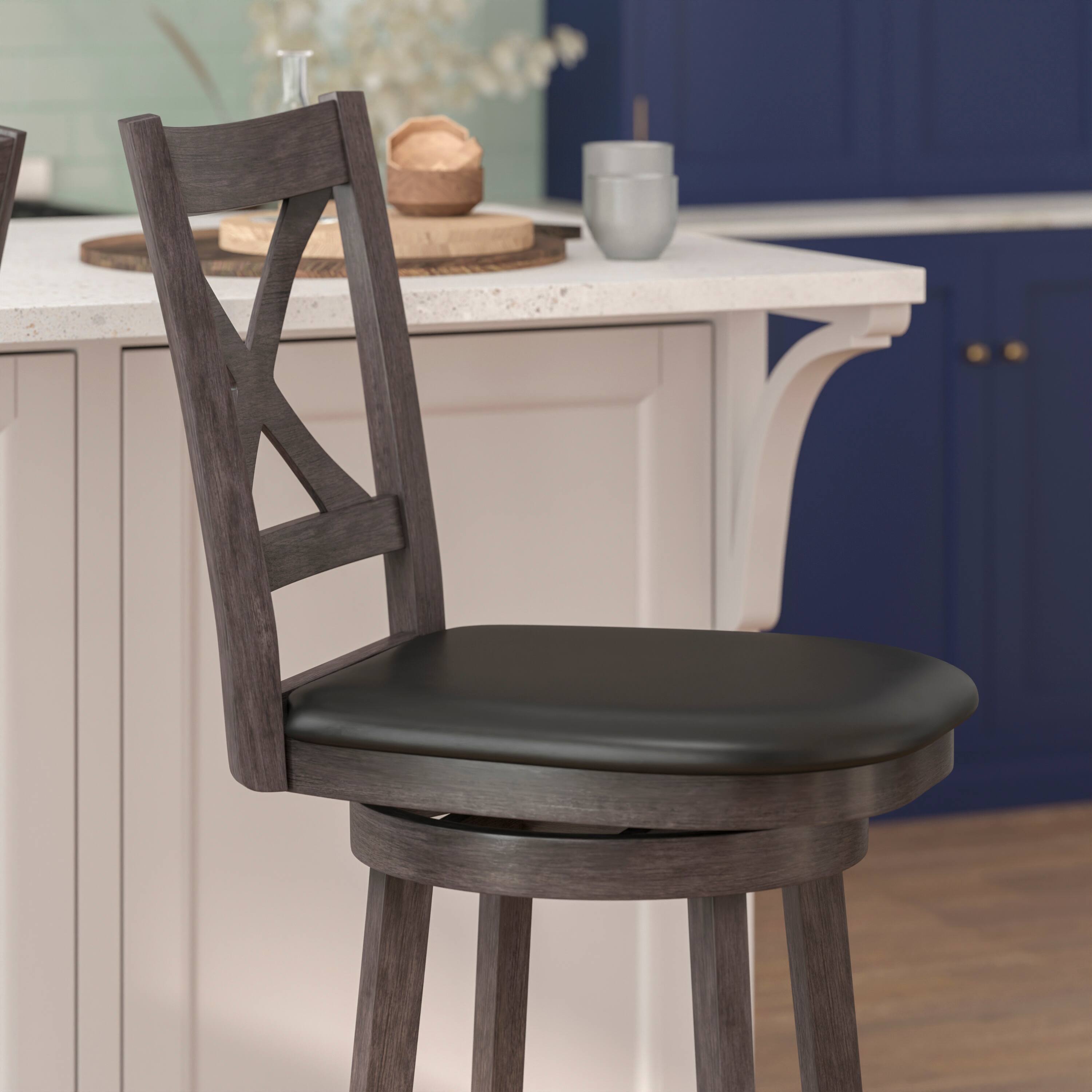 Alt View 3. Flash Furniture - Felicity Commercial Grade Wood Classic Crossback Swivel Bar Height Barstool with Padded Black LeatherSoft Seat, Gray Was - Gray.