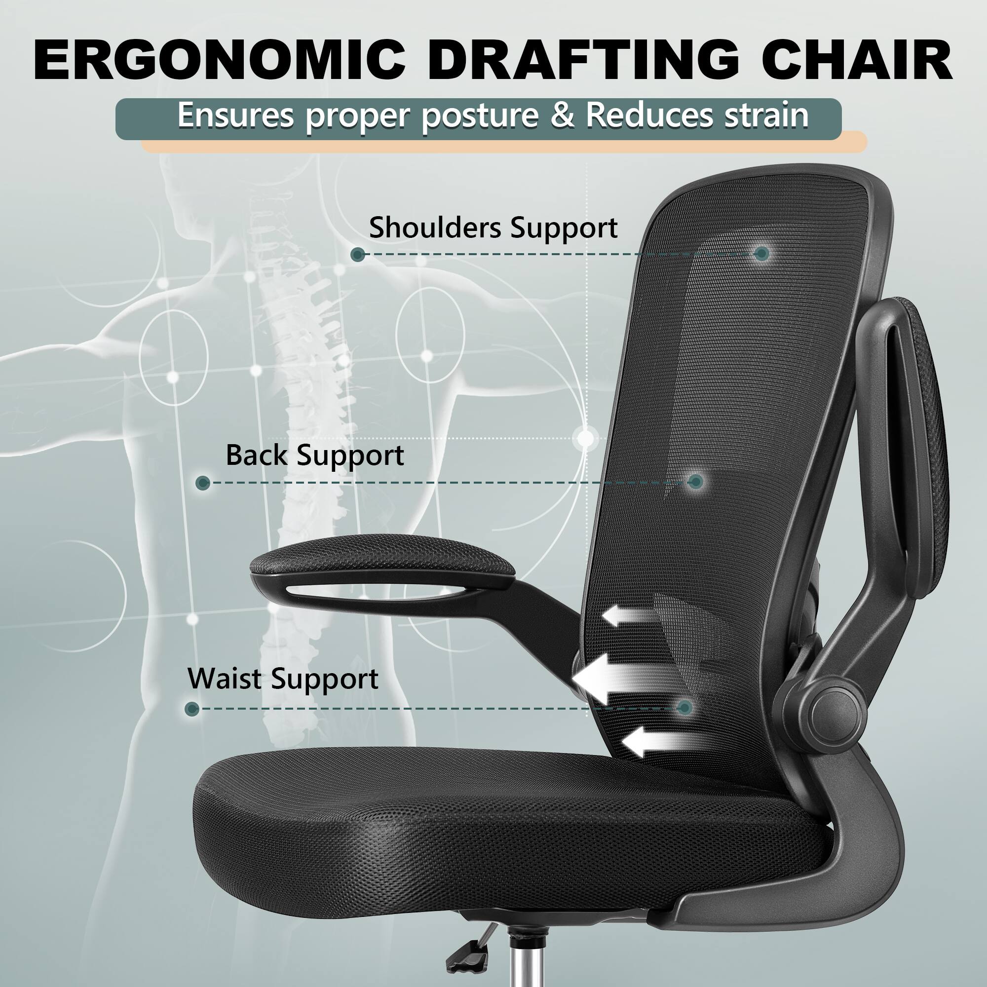 ERGONOMIC DRAFTING CHAIR  
Ensures proper posture & Reduces strain  

Shoulders Support  
Back Support  
Waist Support